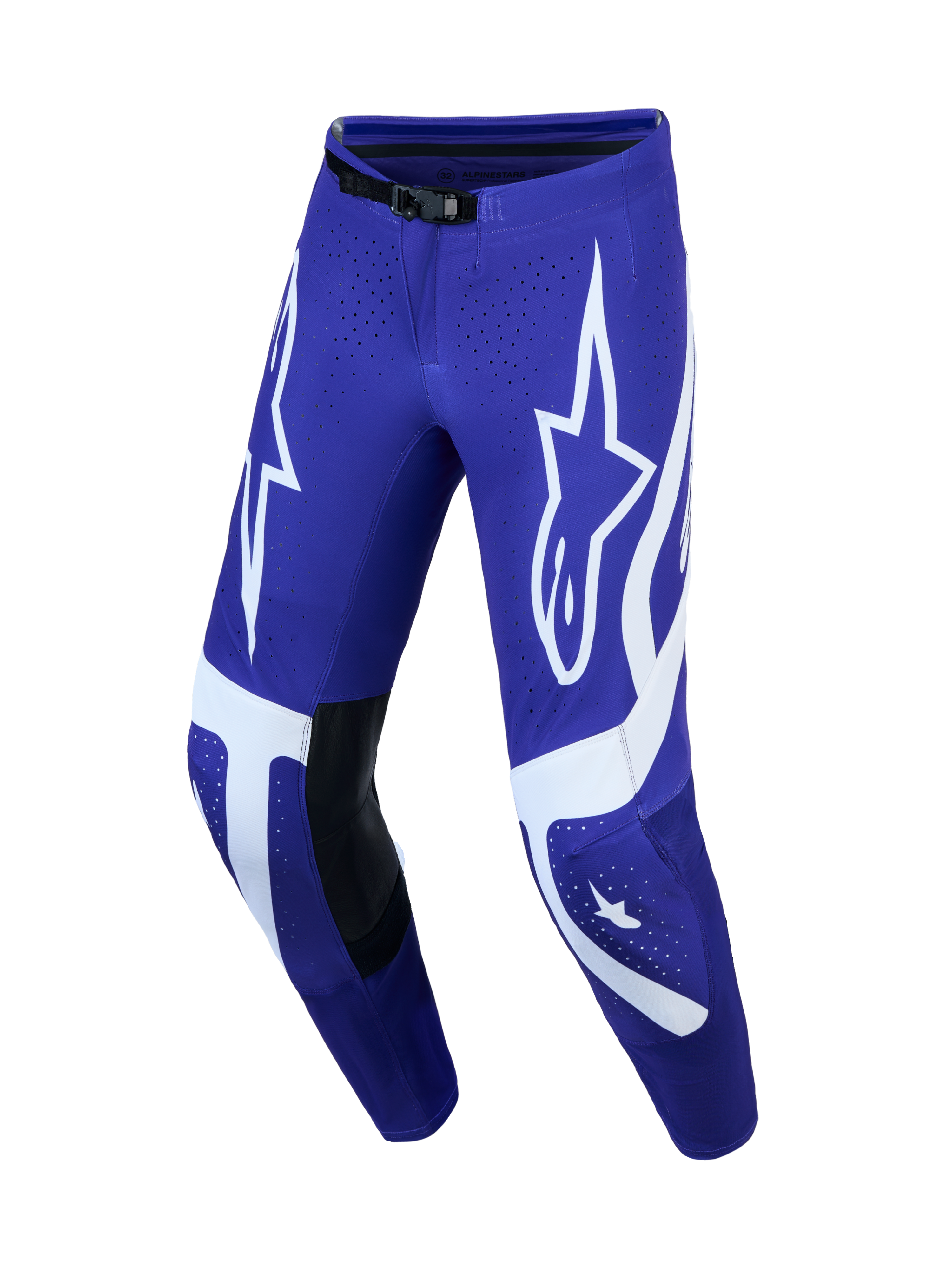 Alpinestars Supertech Vesta, calças de motocross para homem, azuis e brancas, com painéis em pele e gráficos de estrelas