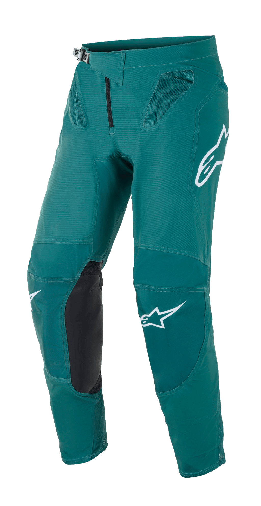 Alpinestars Supertech Blaze Pants, Motocross Pants, Dark Green, featuring white Alpinestars logos, black leather knee reinforcement panels, ratchet waist closure, and mesh ventilation at the hips, durable construction for off-road racing