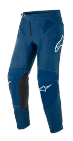 Alpinestars Supertech Blaze Pants, Motocross Off-Road Pants, Dark Blue, featuring black leather inner knee panels, white Alpinestars logo branding on the thigh and leg, adjustable ratchet waist buckle, and mesh ventilation zones at the hips.