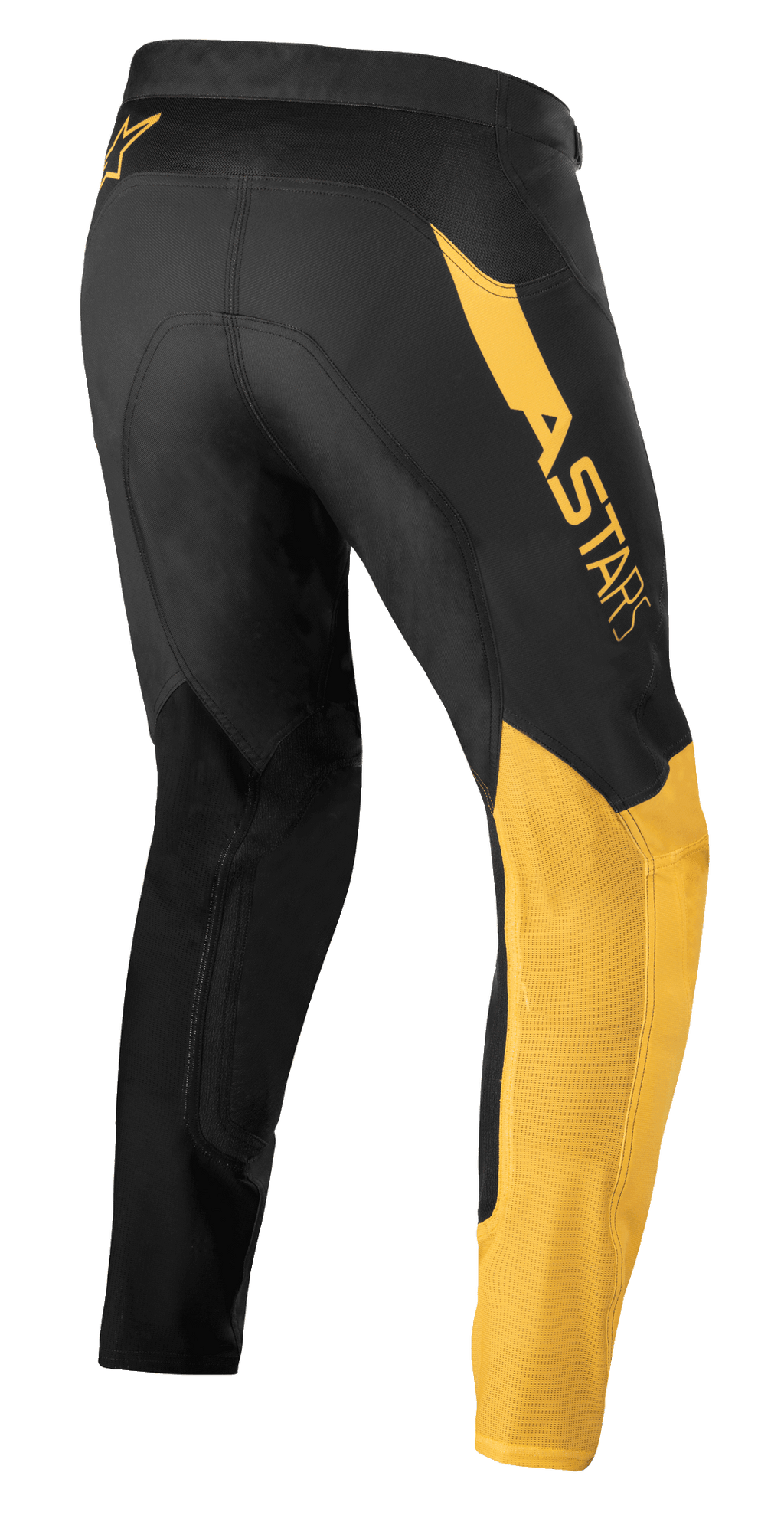 Alpinestars Supertech Blaze Pants, calças de motocross, pretas e amarelo quente, vista lateral traseira, com logótipo 'ASTARS' em destaque na anca, painéis amarelos na perna e tecido técnico elástico para desempenho em todo-o-terreno.