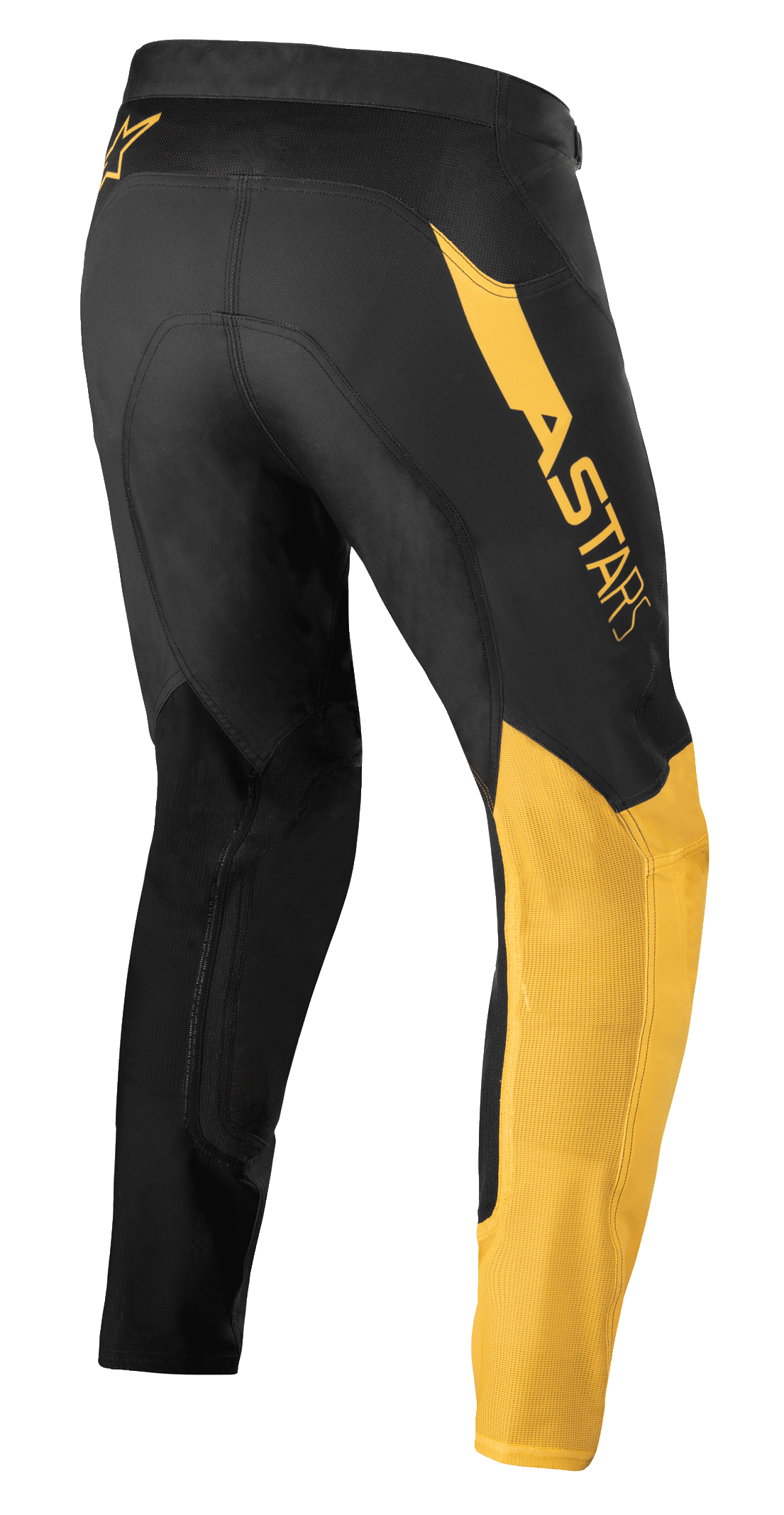 Alpinestars Supertech Blaze Pants, calças de motocross, pretas e amarelo quente, vista lateral traseira, com logótipo 'ASTARS' em destaque na anca, painéis amarelos na perna e tecido técnico elástico para desempenho em todo-o-terreno.