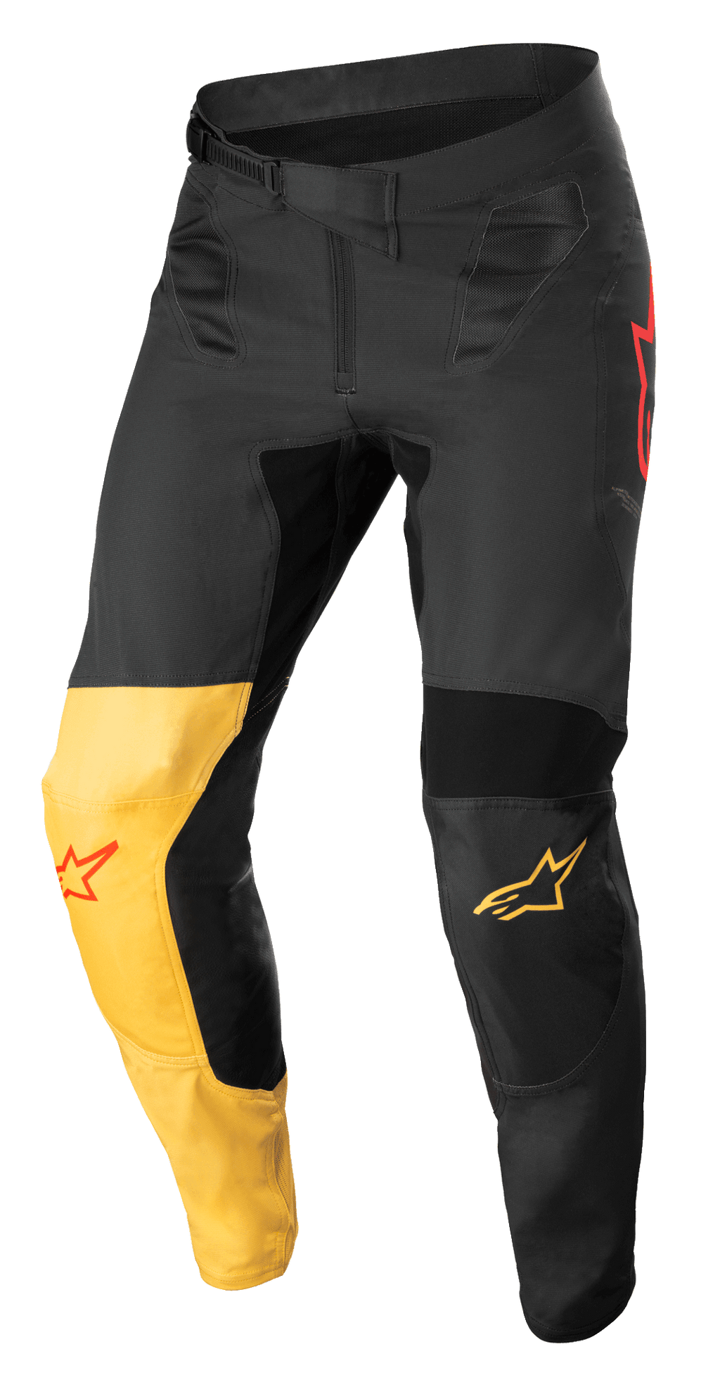 Alpinestars Supertech Blaze Pants, calças de motocross, pretas, amarelo quente e vermelho fluo, com painel de joelho amarelo distintivo, detalhes do logótipo em estrela vermelha, fecho de cintura com catraca e painéis de proteção reforçados para performance em todo-o-terreno