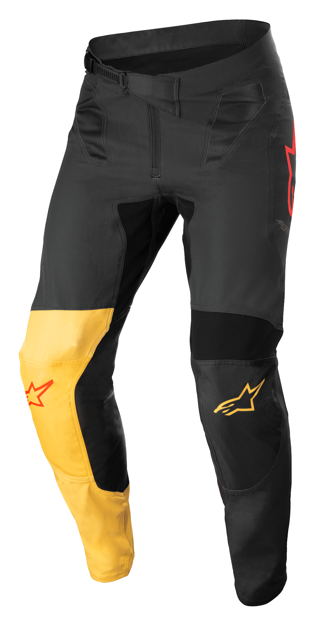 Alpinestars Supertech Blaze Pants, calças de motocross, pretas, amarelo quente e vermelho fluo, com painel de joelho amarelo distintivo, detalhes do logótipo em estrela vermelha, fecho de cintura com catraca e painéis de proteção reforçados para performance em todo-o-terreno