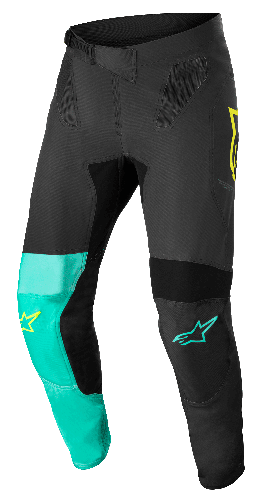 Alpinestars Supertech Blaze Pants, Motocross Pants, Black, Pastel Green and Yellow Fluo, featuring asymmetrical leg panels with yellow and teal star logos, mesh ventilation inserts, and adjustable ratchet waist belt for off-road racing