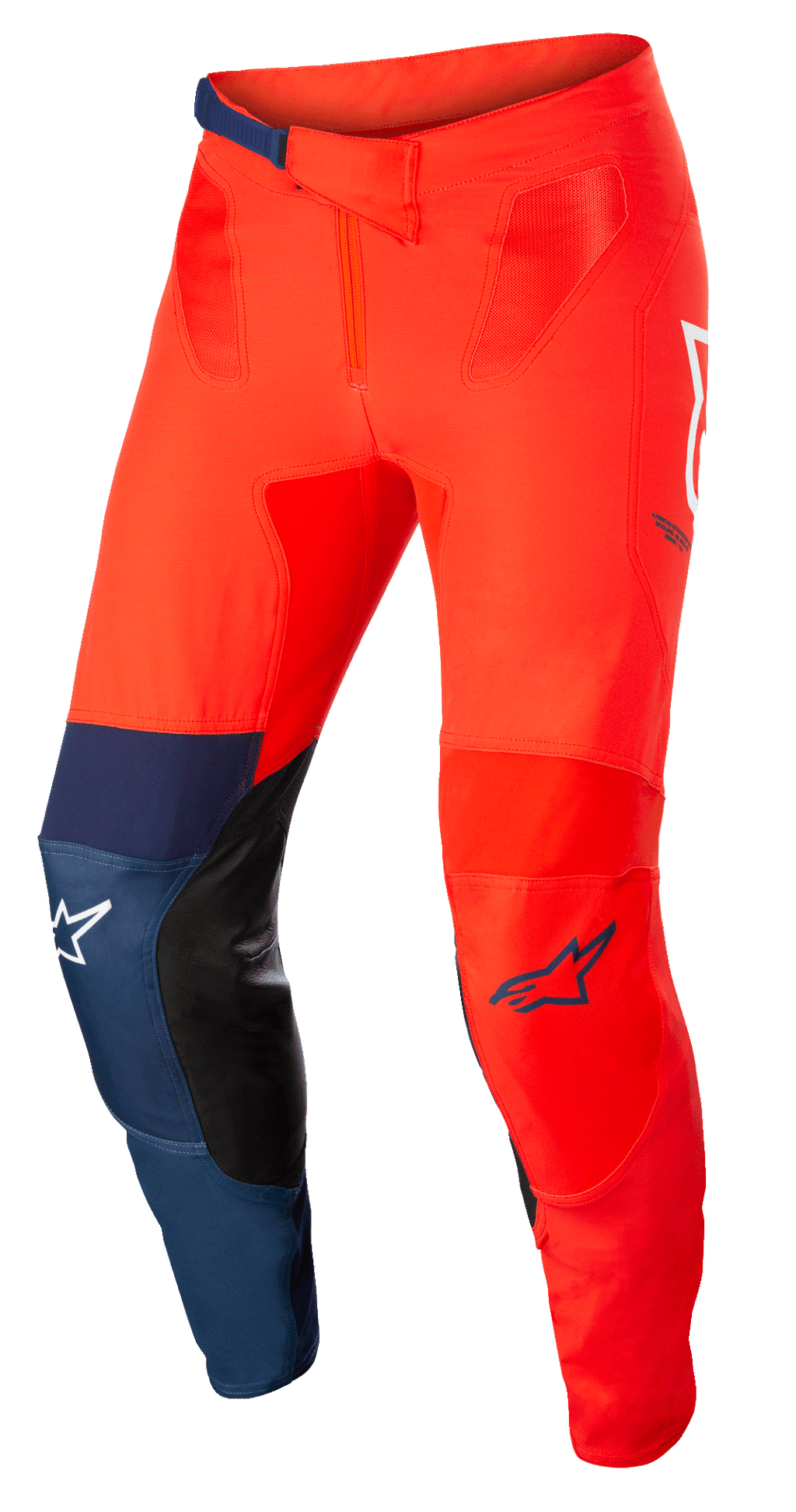 Alpinestars Supertech Blaze Pants, calças de motocross para todo-o-terreno, vermelho vivo e azul escuro com detalhes em branco, com reforços interiores nos joelhos em pele preta, fecho de catraca ajustável na cintura, logótipos Alpinestars em branco e azul, construção elástica durável para competição de motocross