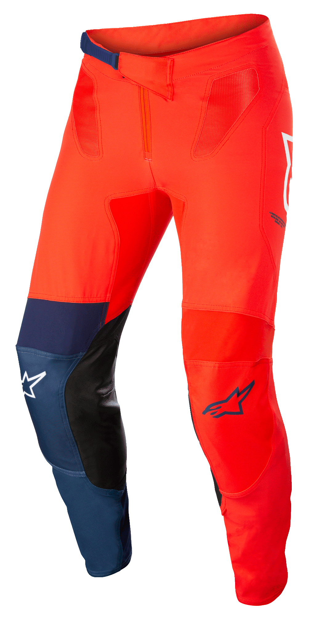 Alpinestars Supertech Blaze Pants, calças de motocross para todo-o-terreno, vermelho vivo e azul escuro com detalhes em branco, com reforços interiores nos joelhos em pele preta, fecho de catraca ajustável na cintura, logótipos Alpinestars em branco e azul, construção elástica durável para competição de motocross