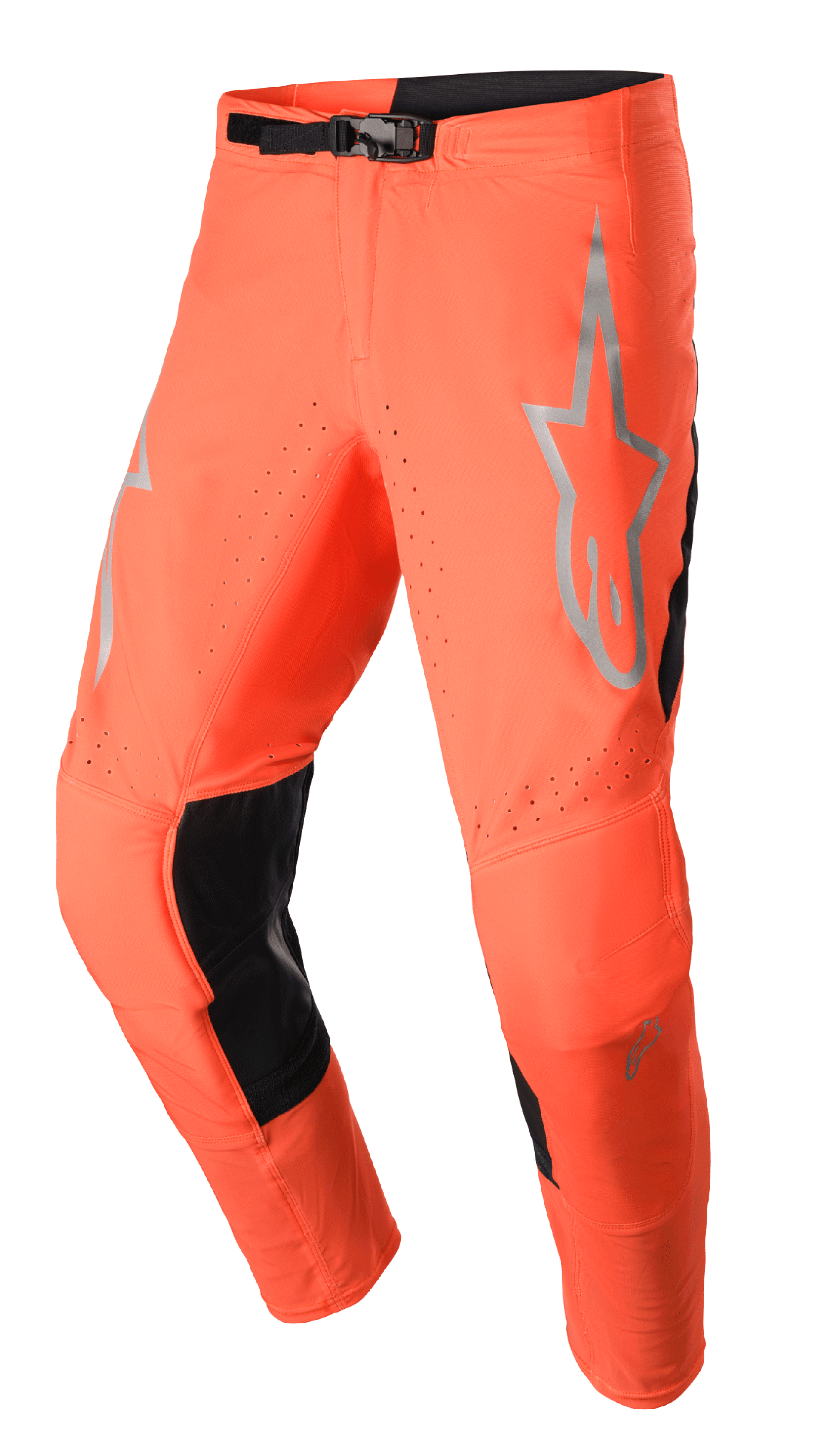Alpinestars 2023 Supertech Risen Pants, Motocross Racing Pants, Hot Orange and Black, featuring a gray star logo on the thigh, adjustable buckle closure, perforated ventilation zones, and reinforced black inner leg panels.