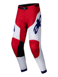 Alpinestars 2025 Racer Veil Pants, calças de motocross, vermelho vivo e branco com detalhes em azul, painéis internos pretos nos joelhos, design ergonómico pré-curvado, logótipos de marca e de estrela destacados, equipamento durável para corridas todo-o-terreno