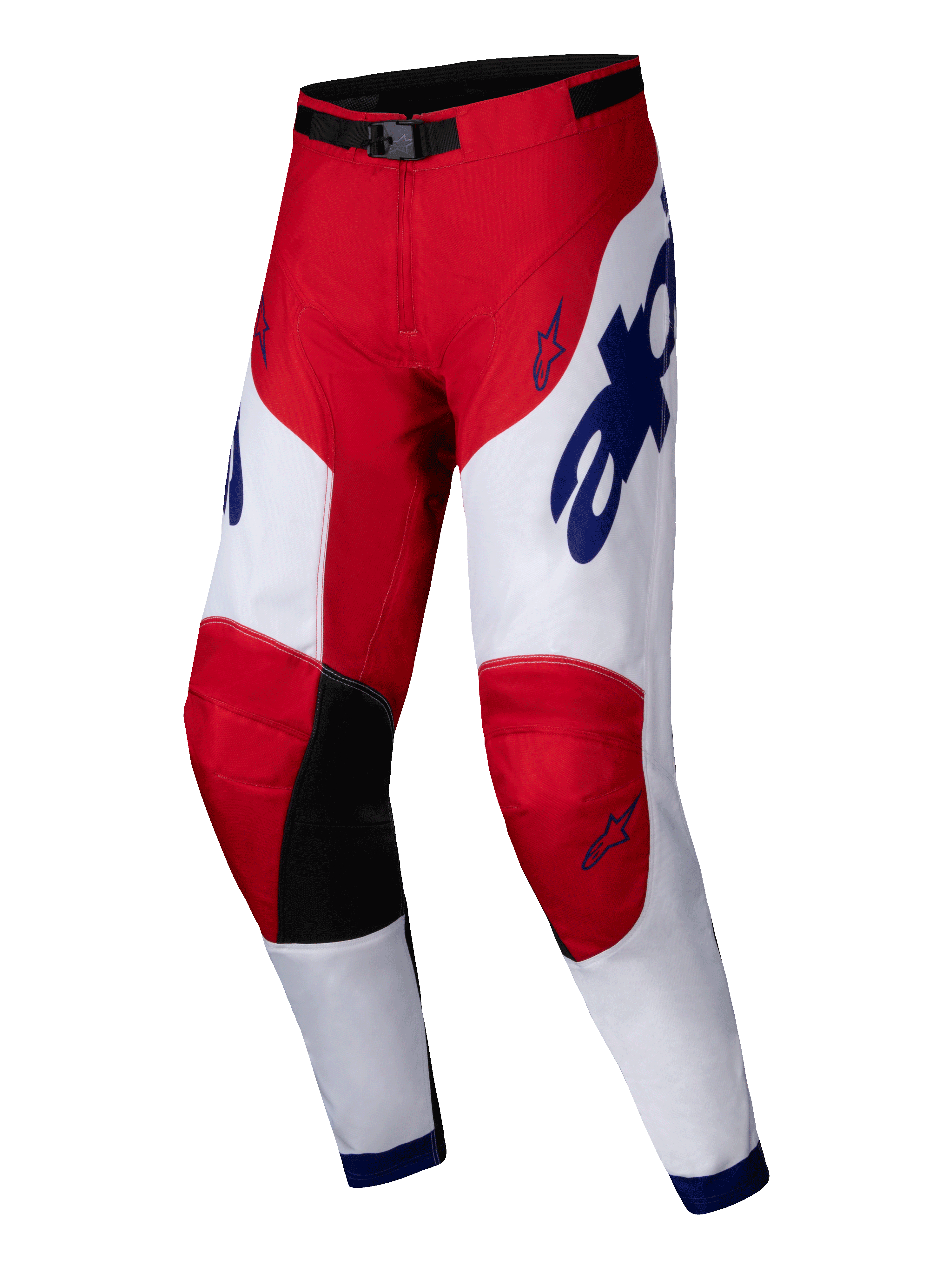 Alpinestars 2025 Racer Veil Pants, calças de motocross, vermelho vivo e branco com detalhes em azul, painéis internos pretos nos joelhos, design ergonómico pré-curvado, logótipos de marca e de estrela destacados, equipamento durável para corridas todo-o-terreno