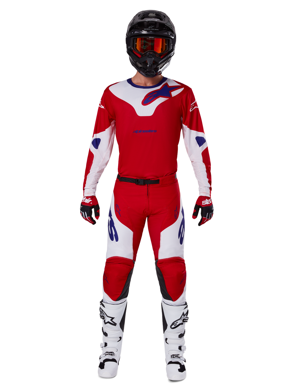 Alpinestars 2025 Racer Veil Pants e conjunto completo de equipamento de motocross, vermelho vivo e branco com detalhes em azul, incluindo camisola a condizer, capacete preto com óculos cor de laranja, botas brancas e pretas e luvas vermelhas, visual de performance coordenado para corridas de todo-o-terreno