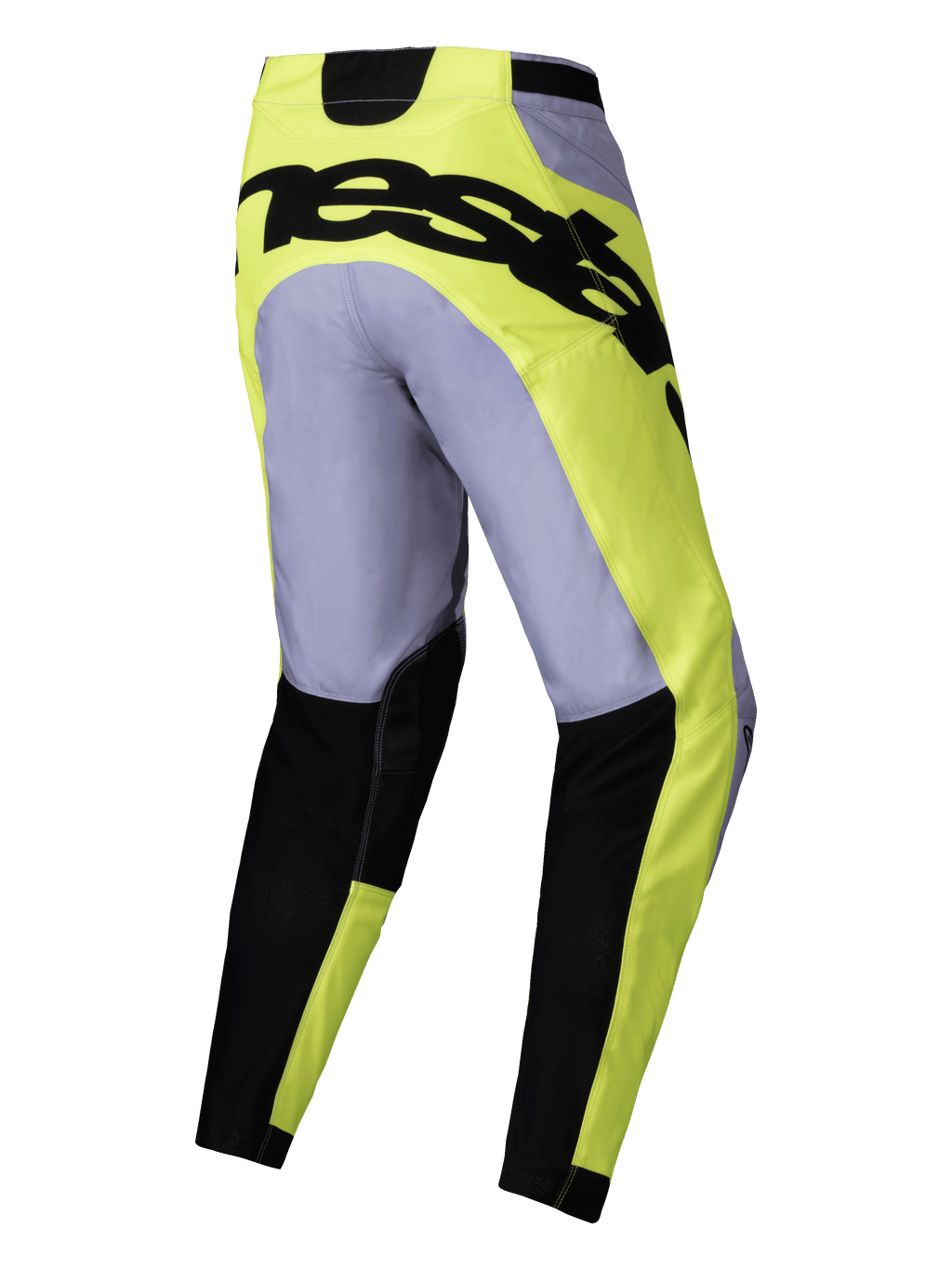 Alpinestars 2025 Racer Veil Pants, calças de motocross, cinzento e amarelo néon, vista traseira com marca preta em destaque no assento, design técnico leve com secções inferiores das pernas em preto e corte pré-curvado
