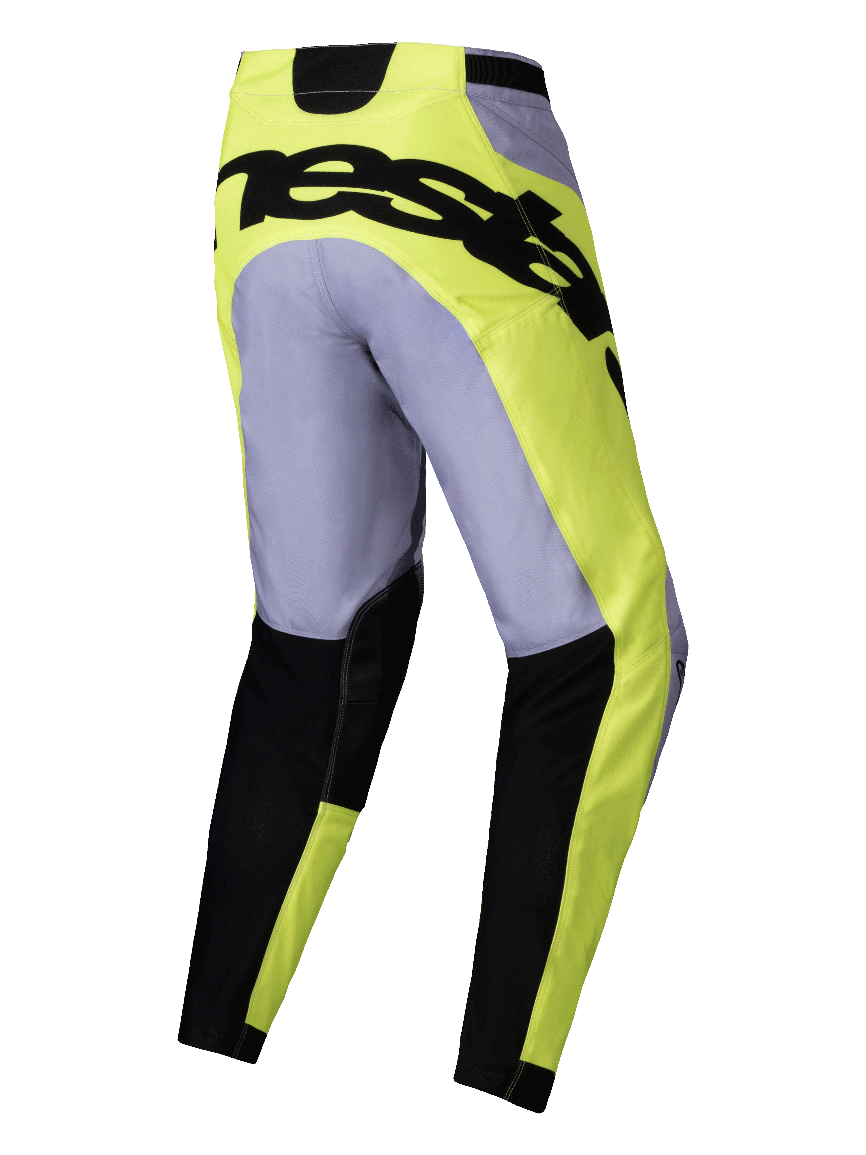 Alpinestars 2025 Racer Veil Pants, calças de motocross, cinzento e amarelo néon, vista traseira com marca preta em destaque no assento, design técnico leve com secções inferiores das pernas em preto e corte pré-curvado