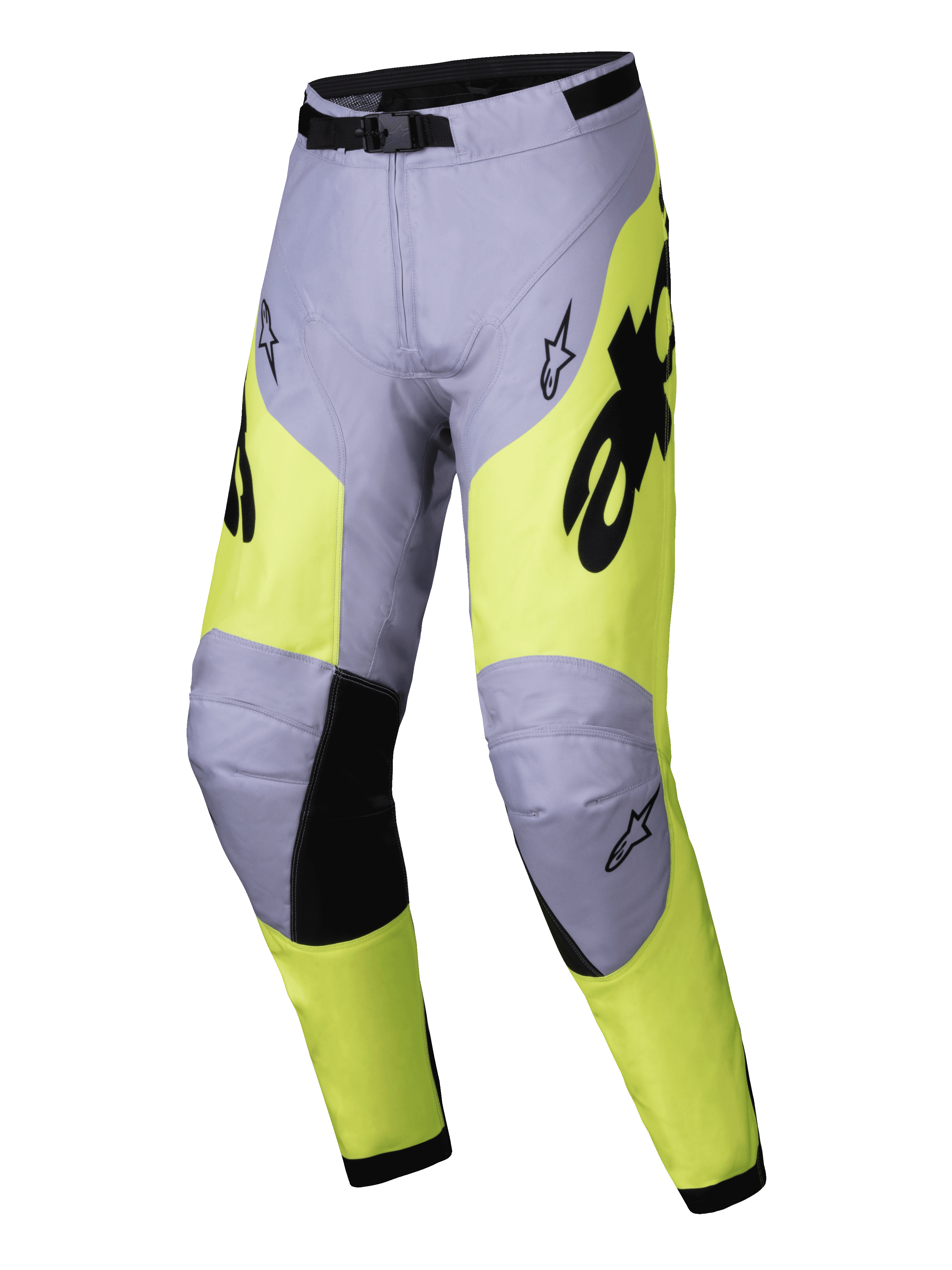 Alpinestars 2025 Racer Veil Pants, calças de motocross, cinzentas e amarelo néon, detalhes pretos na parte interna dos joelhos e na fivela da cintura, design ergonómico desportivo com logótipos Alpinestars, têxtil durável para corridas off-road