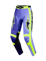 Alpinestars 2026 Racer Portl Pants, Motocross Pants, Purple and Fluorescent Yellow, featuring multi-tone purple panels with neon yellow accents, black leather inner knee patches, bold Alpinestars branding on the thighs, and a pre-curved ergonomic design for off-road racing.