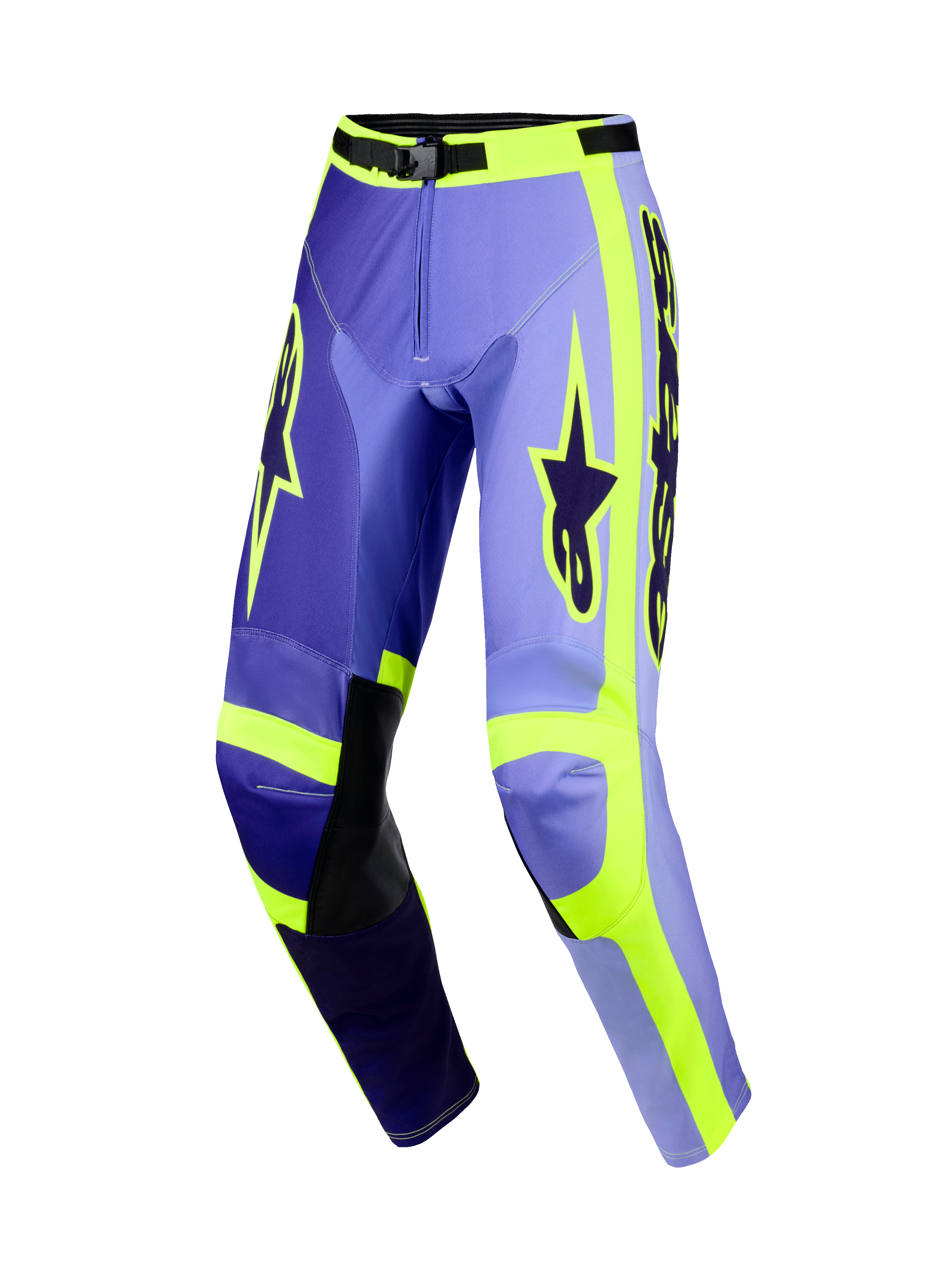 Alpinestars 2026 Racer Portl Pants, calças de motocross, roxas e amarelo fluorescente, com painéis roxos de tons variados e detalhes em amarelo néon, joelheiras internas em pele preta, logótipos Alpinestars em destaque nas coxas e design ergonómico pré-curvado para corridas off-road