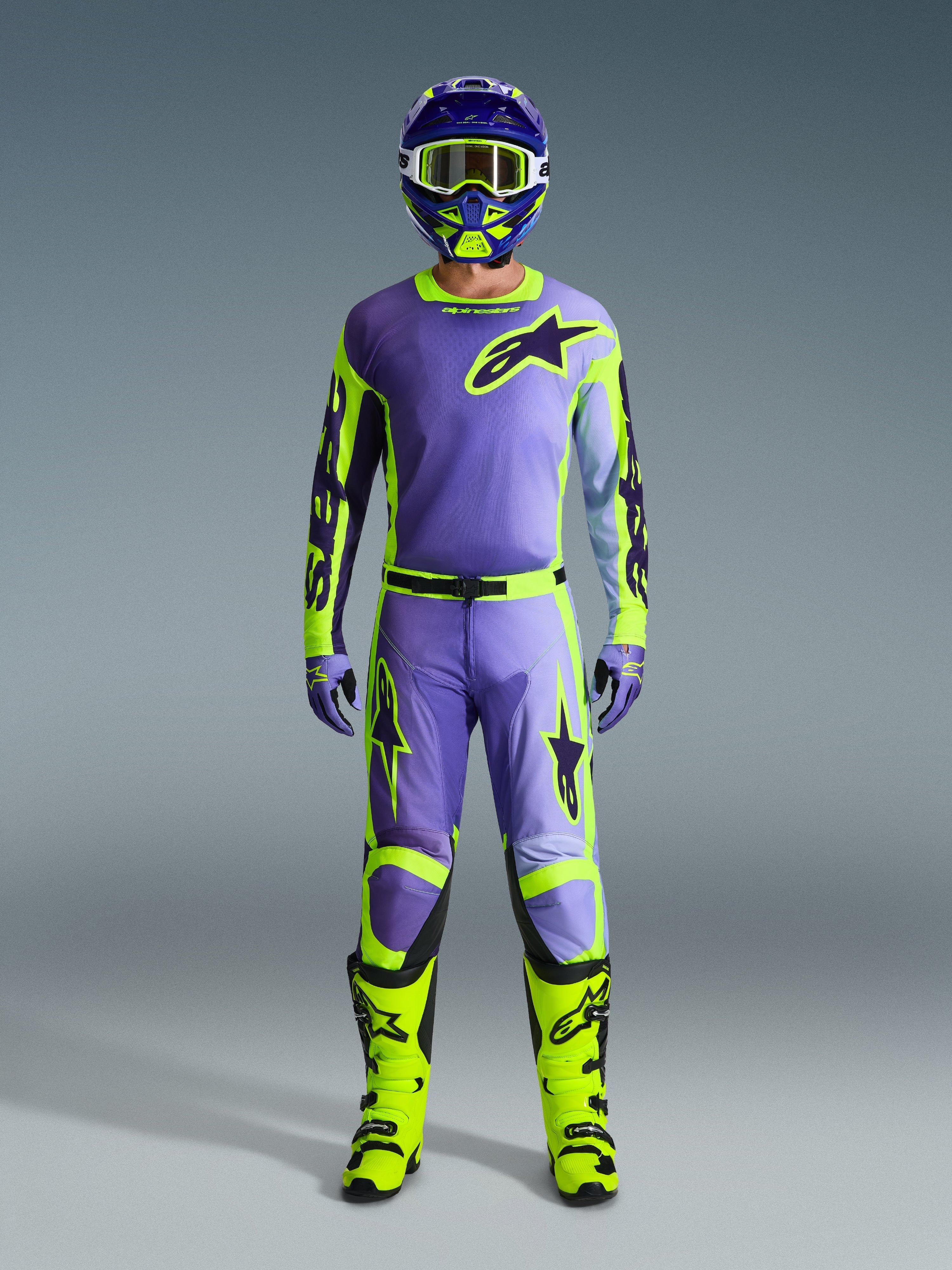 Alpinestars 2026 Racer Portl Gear Set, Motocross Outfit, Purple and Yellow Fluo, complete riding kit with matching helmet, gloves, and boots, bold graphic design with black accents, professional off-road racing gear
