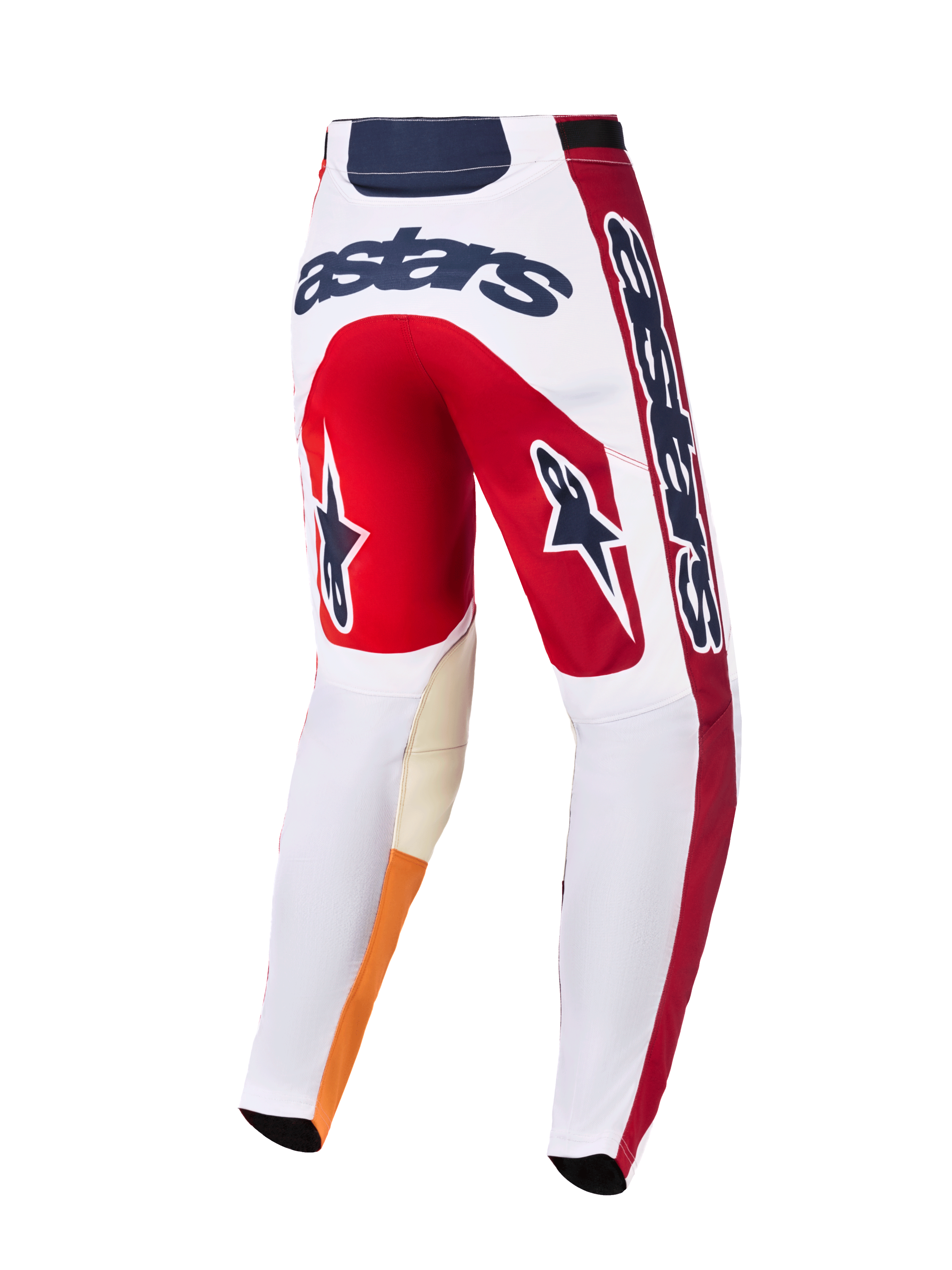 Alpinestars 2026 Racer Portl Pants, calças de motocross, vermelhas, brancas e cinzento escuro, vista traseira com logótipo 'astars' em destaque, ícones de estrela nas pernas, material durável e reforço no interior dos joelhos para corridas off-road