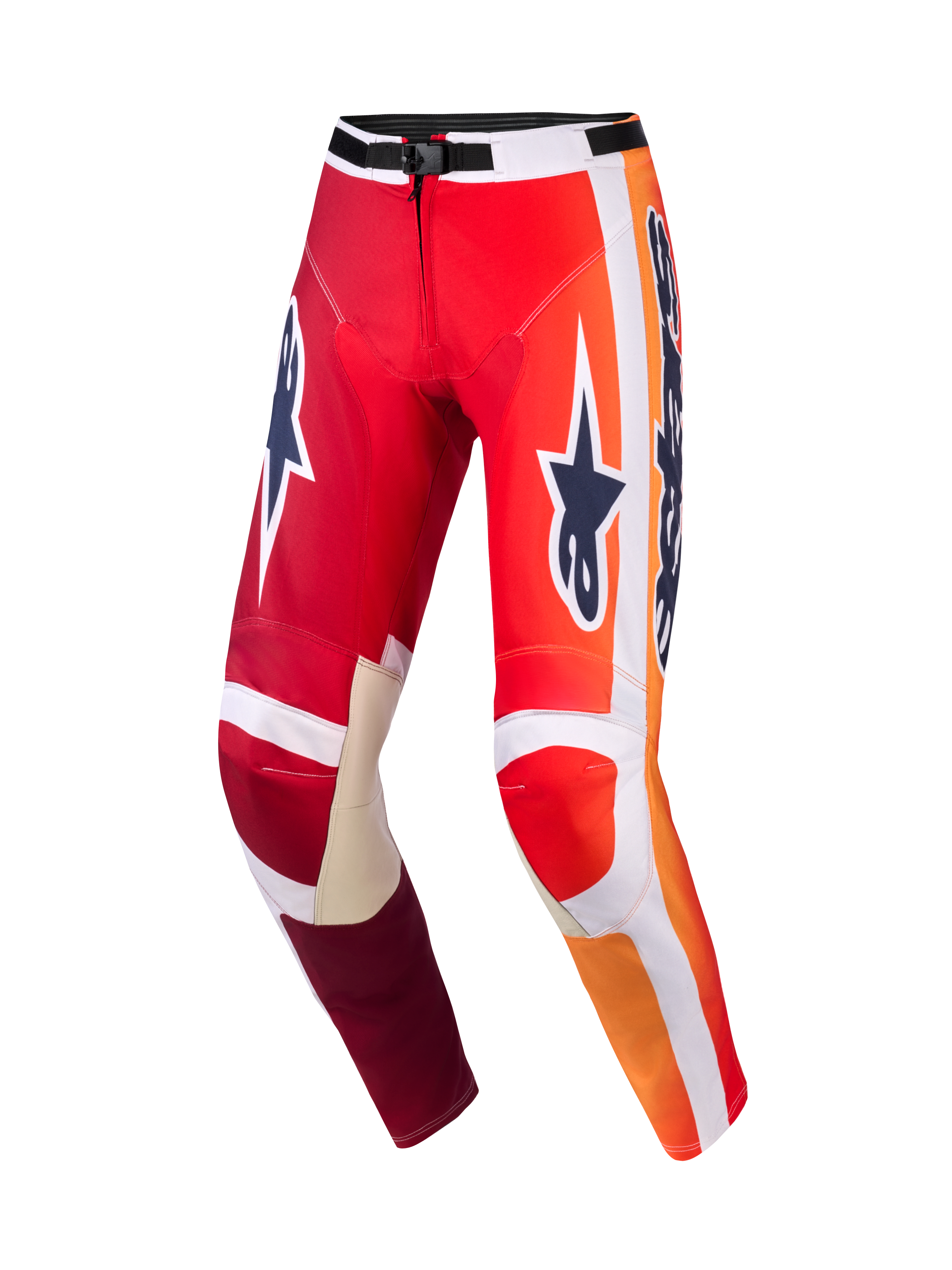 Calças Alpinestars 2026 Racer Portl, calças de motocross, vermelhas e cinzento claro com logótipos em cinzento escuro, gradientes em laranja vibrante e riscas brancas, marca Astar de grandes dimensões nas coxas, reforços internos nos joelhos em pele cinzento claro, fivela de cintura preta, equipamento durável para corridas off-road.