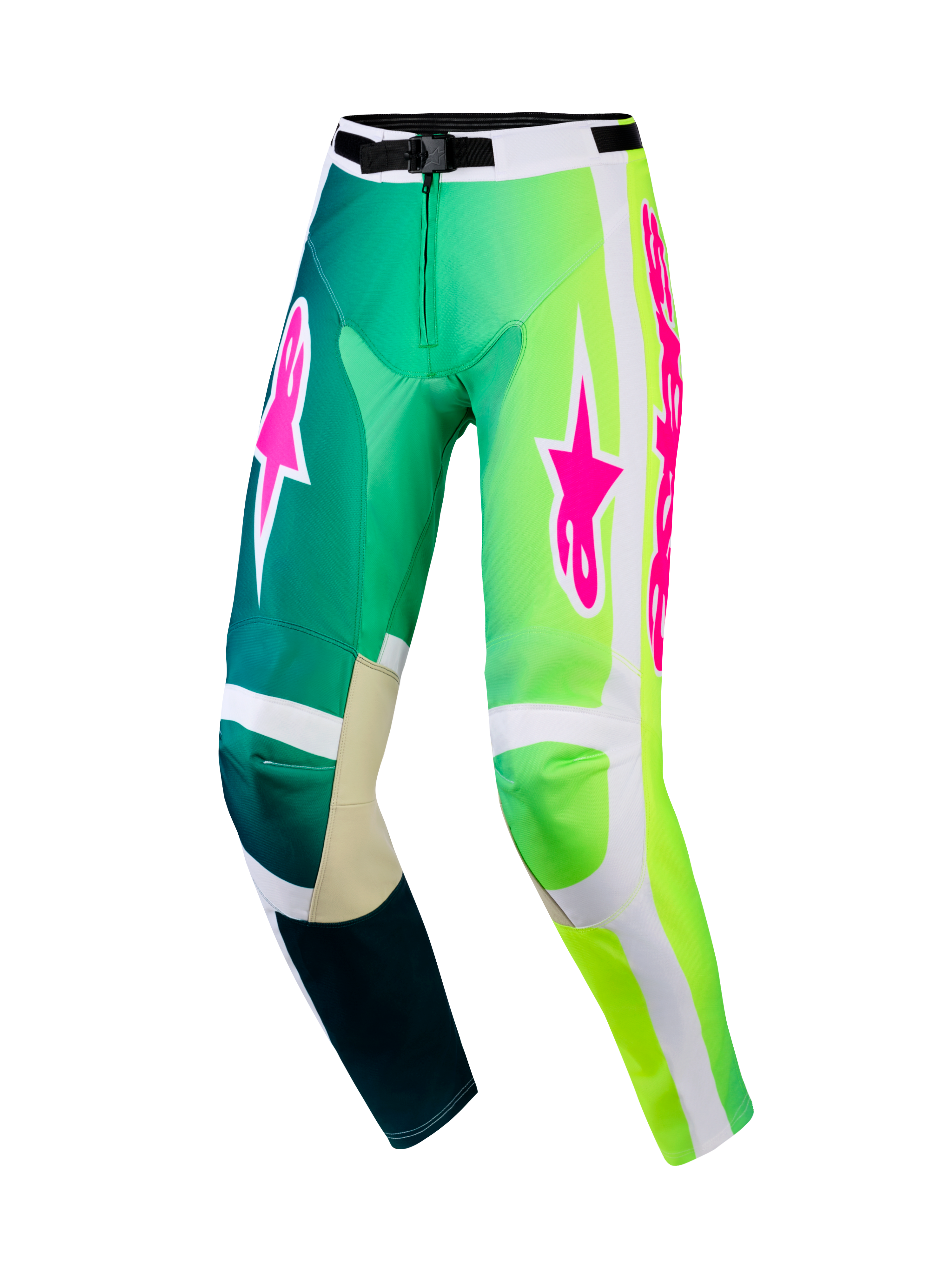 Alpinestars 2026 Racer Portl Pants, calças de motocross, verde e branco com logótipos cor-de-rosa vibrantes, com um design em degradé de verde-azulado a verde néon, joelhos internos reforçados e fivela de cintura segura para corridas off-road