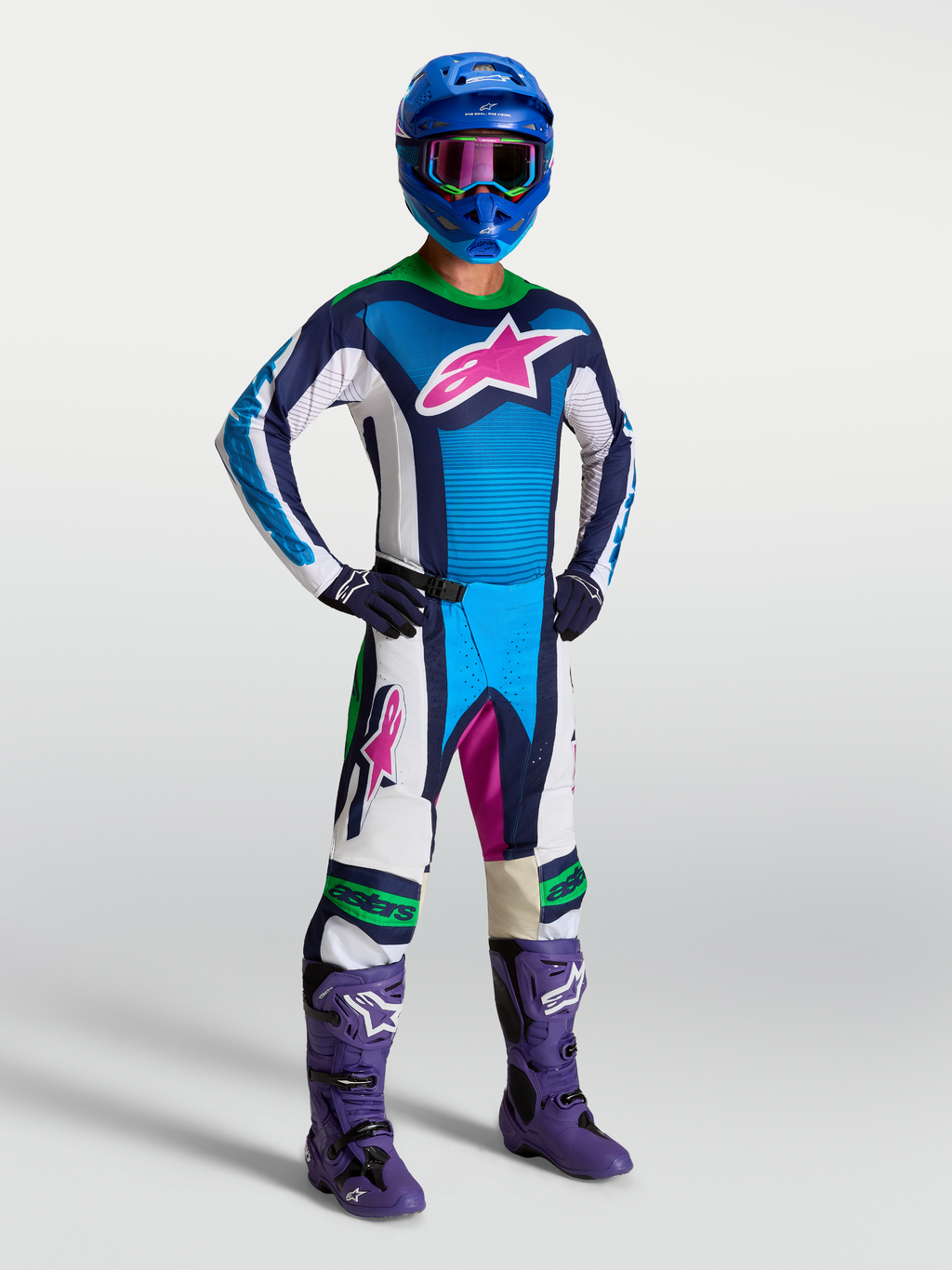 Alpinestars Techstar Maven Gear Set e Calças, equipamento de motocross para homem, azul e branco com detalhes verde fluo