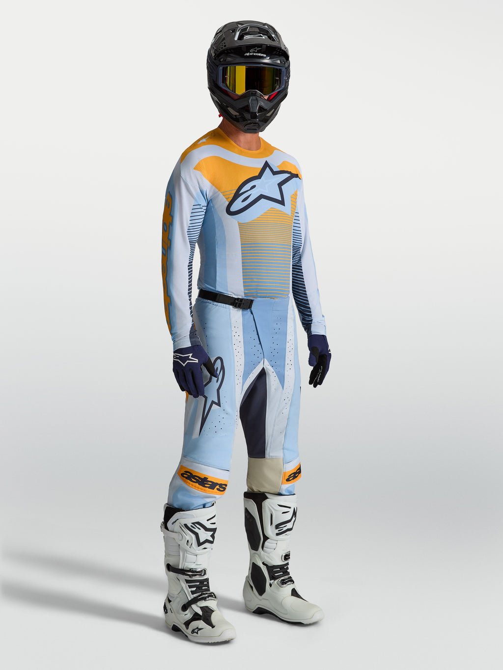 Alpinestars Calças Techstar Maven, calças de motocross para homem em azul e laranja, ajuste atlético de corrida com zonas elásticas duráveis, equipamento de alto desempenho para todo-o-terreno.