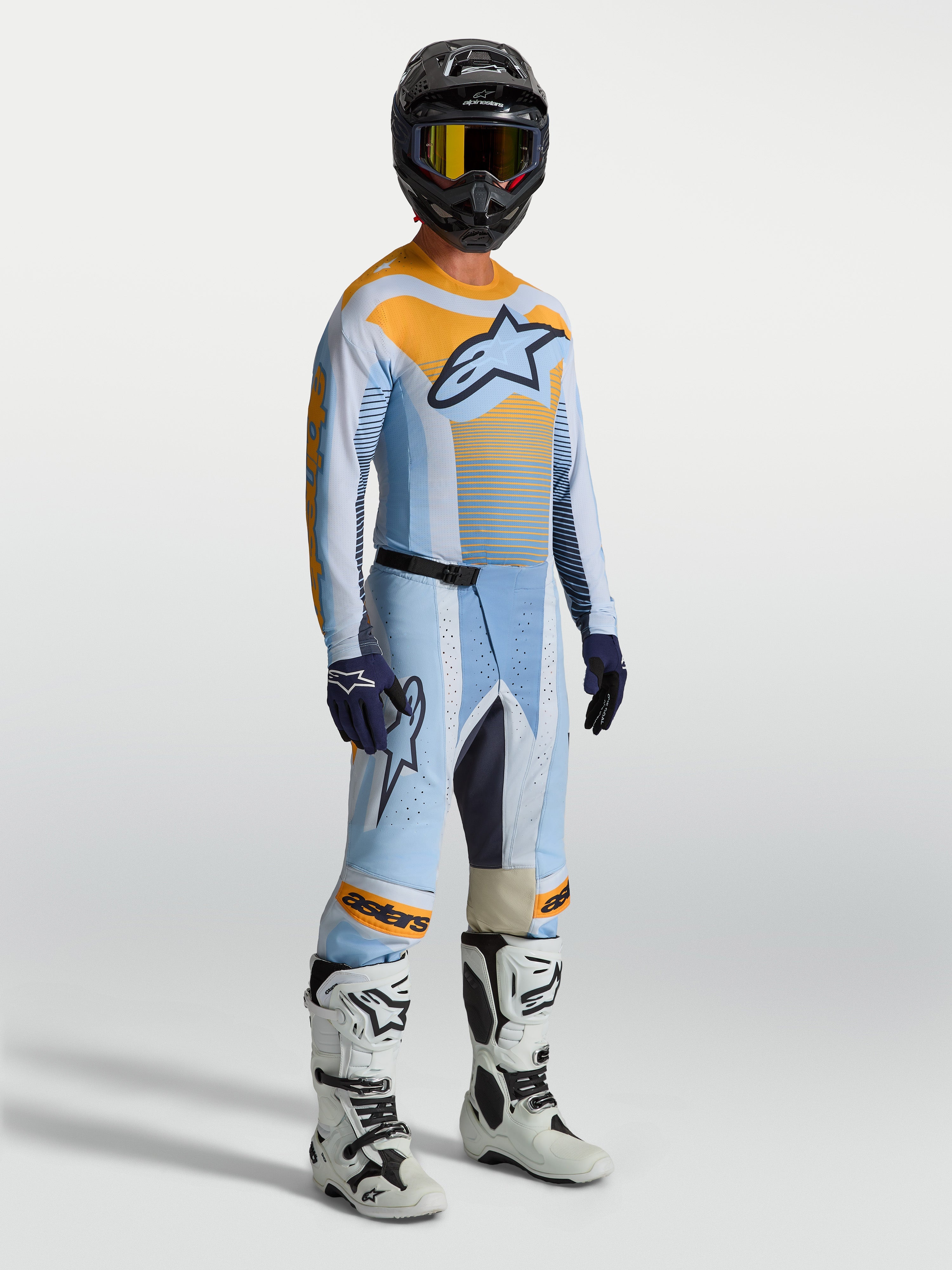 Alpinestars Calças Techstar Maven, calças de motocross para homem em azul e laranja, ajuste atlético de corrida com zonas elásticas duráveis, equipamento de alto desempenho para todo-o-terreno.
