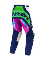 Alpinestars Calças Techstar Maven, calças de motocross azul, verde fluorescente e roxo, vista traseira com zonas elásticas.