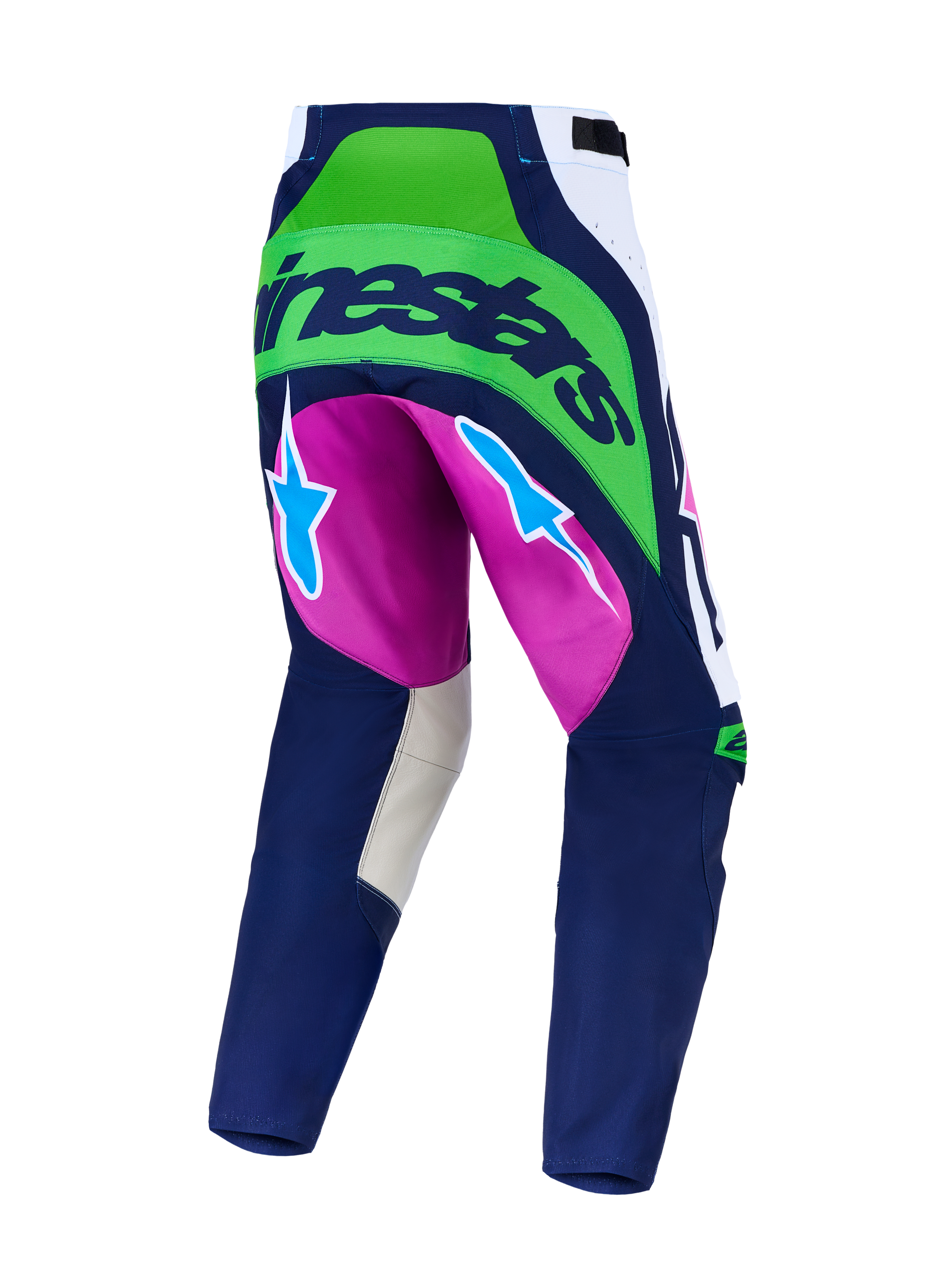 Alpinestars Calças Techstar Maven, calças de motocross azul, verde fluorescente e roxo, vista traseira com zonas elásticas.