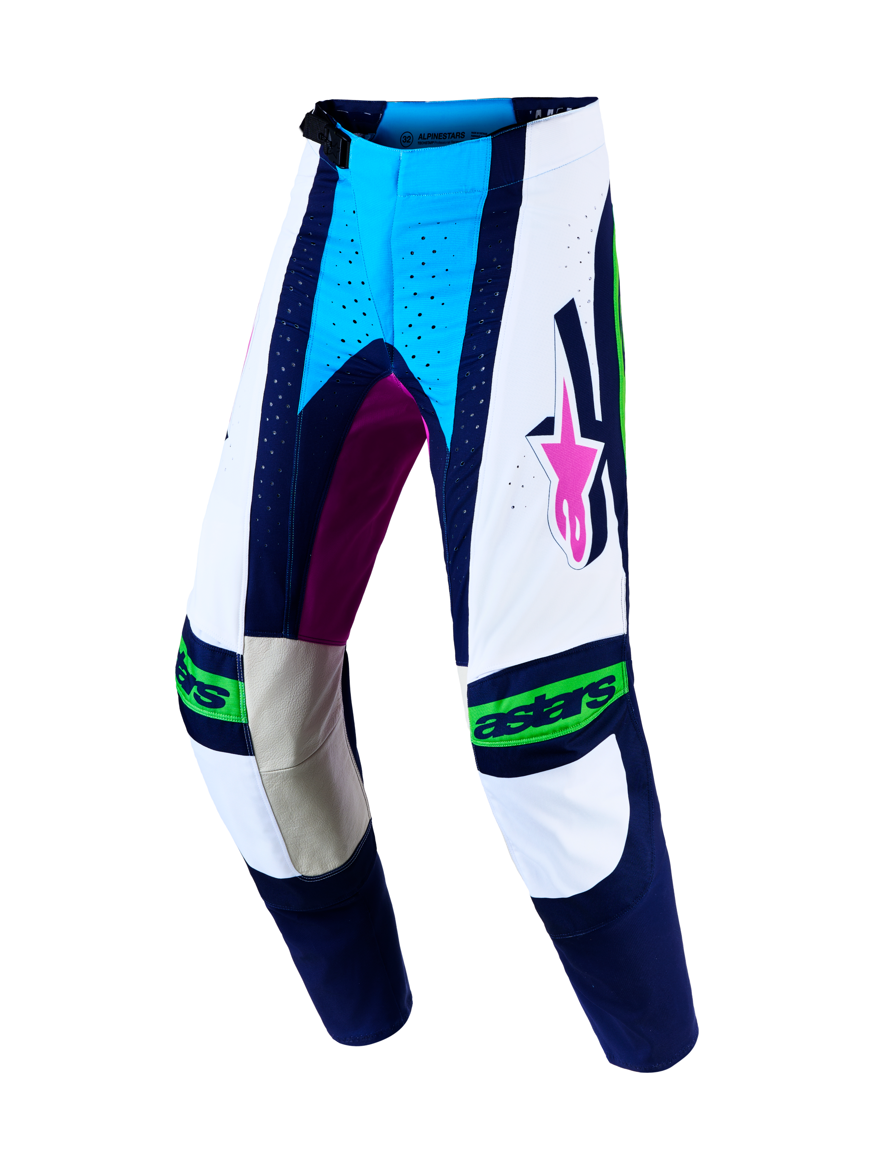 Alpinestars Techstar Maven, calças de motocross para homem, brancas e azuis, com painéis em couro e corte de corrida.