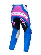 Alpinestars Techstar Maven, calças de motocross azuis e rosa hot coral, vista traseira com ajuste de competição.