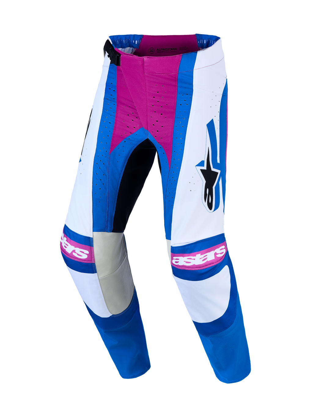 Alpinestars Techstar Maven, calças de motocross, brancas e azuis com detalhes rosa, perfurações a laser e corte atlético