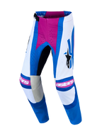 Alpinestars Techstar Maven, calças de motocross, brancas e azuis com detalhes rosa, perfurações a laser e corte atlético