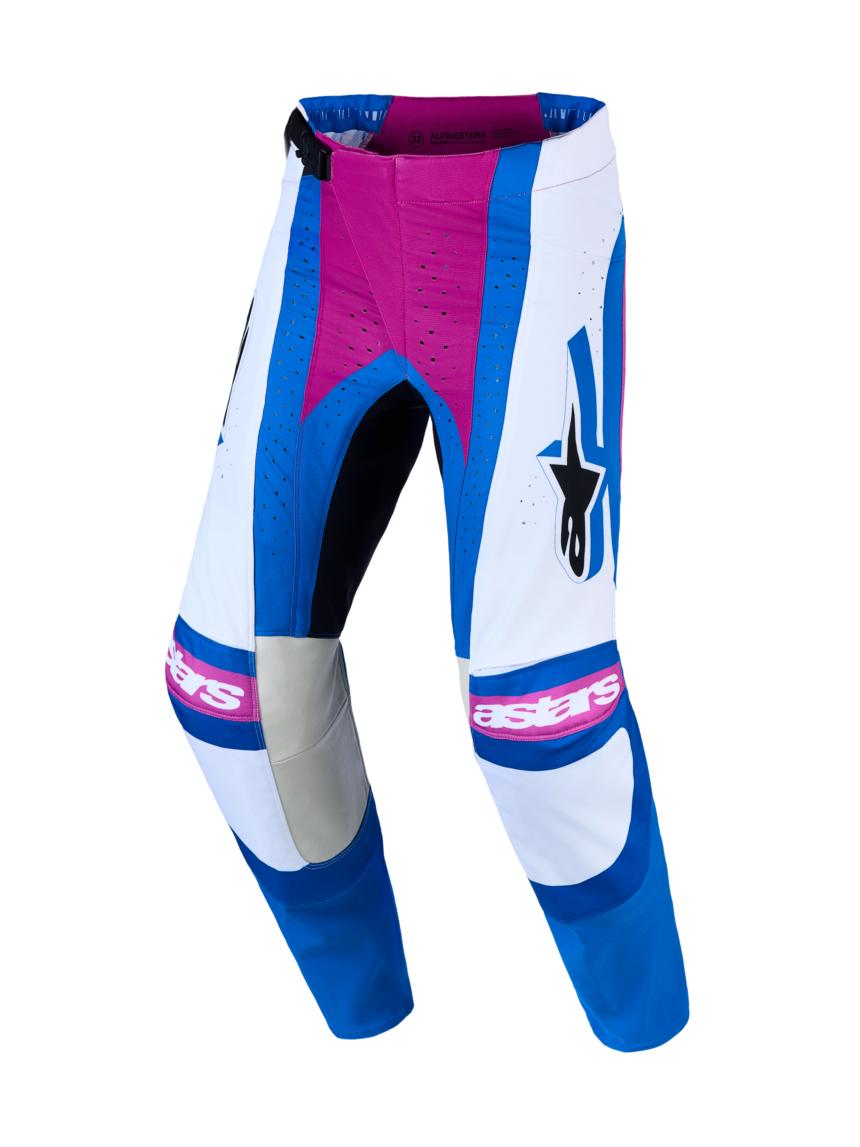 Alpinestars Techstar Maven, calças de motocross, brancas e azuis com detalhes rosa, perfurações a laser e corte atlético