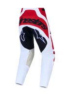 Alpinestars Techstar Maven, calças de motocross para homem, vermelhas e brancas, vista traseira, painéis de couro nos joelhos.