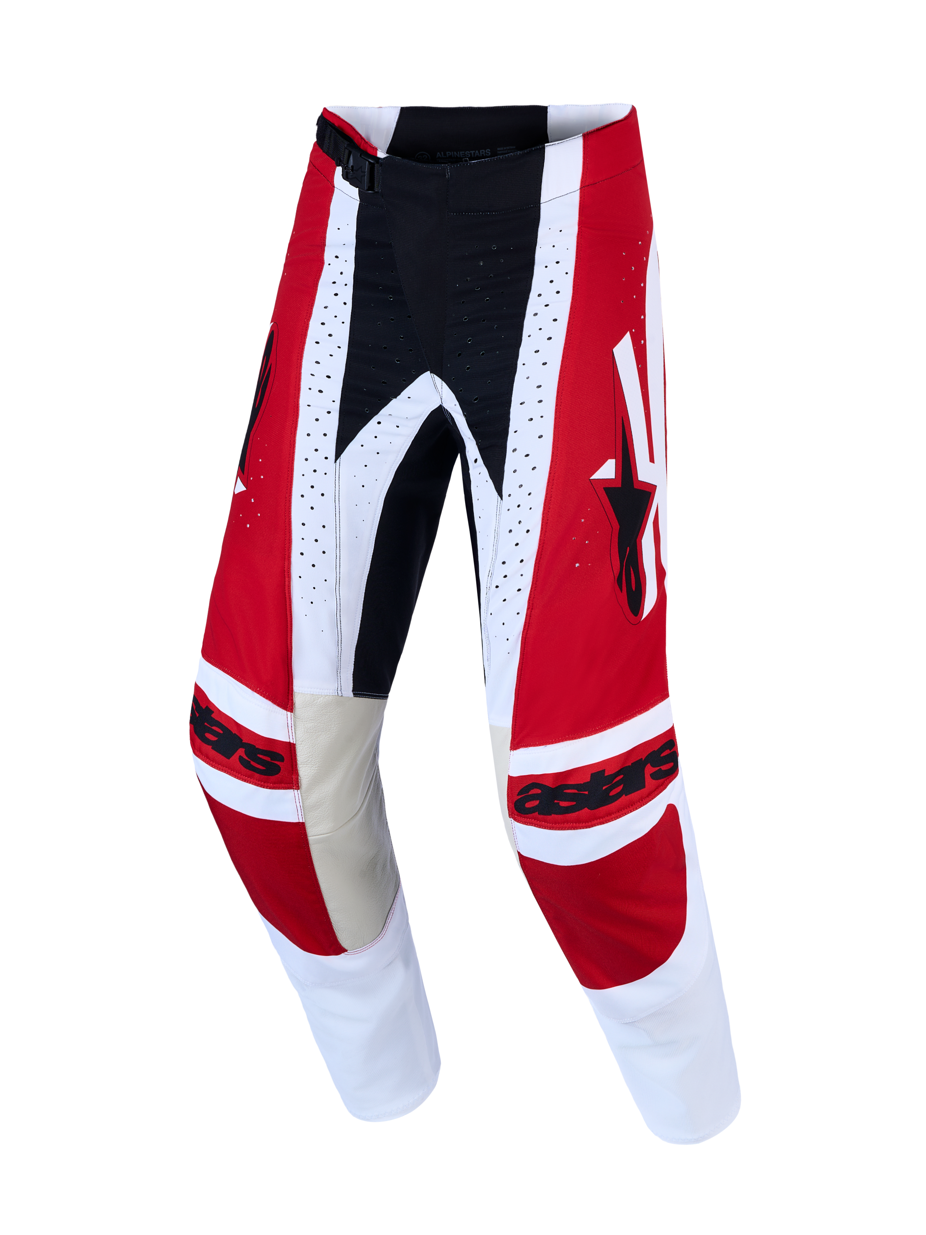Alpinestars Techstar Maven, calças de motocross para homem, vermelhas e brancas, construção resistente em poliéster 600D com reforço em couro nos joelhos para off-road