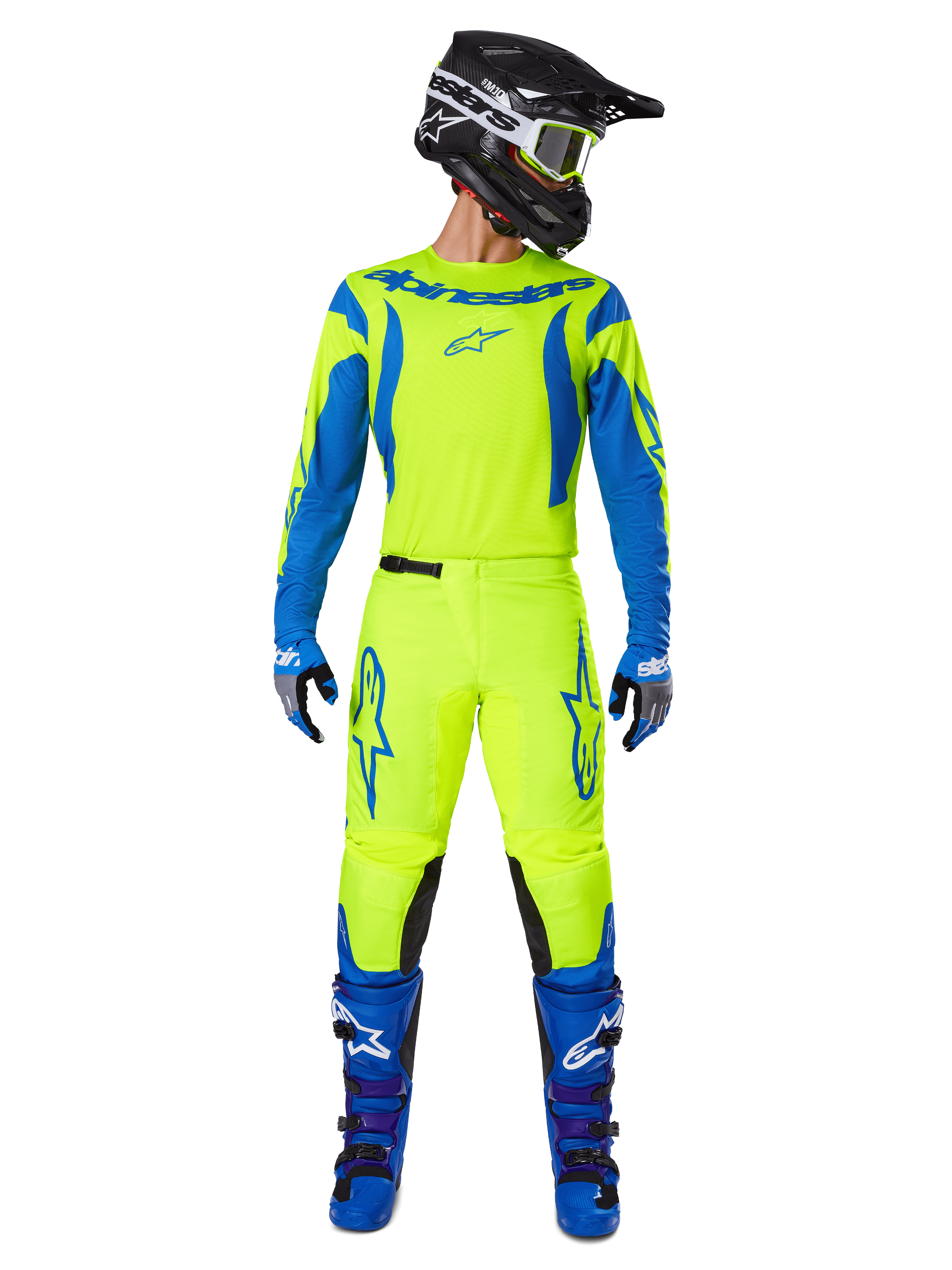 Alpinestars 2025 Fluid Haul Pants, Motocross Pants, Fluorescent Yellow and Blue, worn as a complete racing kit with matching jersey, blue boots, and black helmet, featuring bold blue branding on the thighs and black knee panels