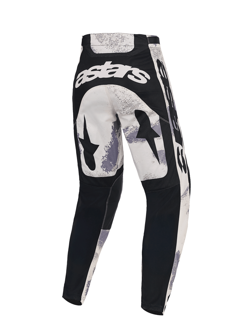 Alpinestars 2026 Racer Lahnd Pants, calças de motocross, Sand Camo e cinzento, vista traseira com a marca astars branca na parte de trás, gráficos de estrela pretos nas coxas e painéis pretos na parte inferior das pernas, design ergonómico para corridas off-road