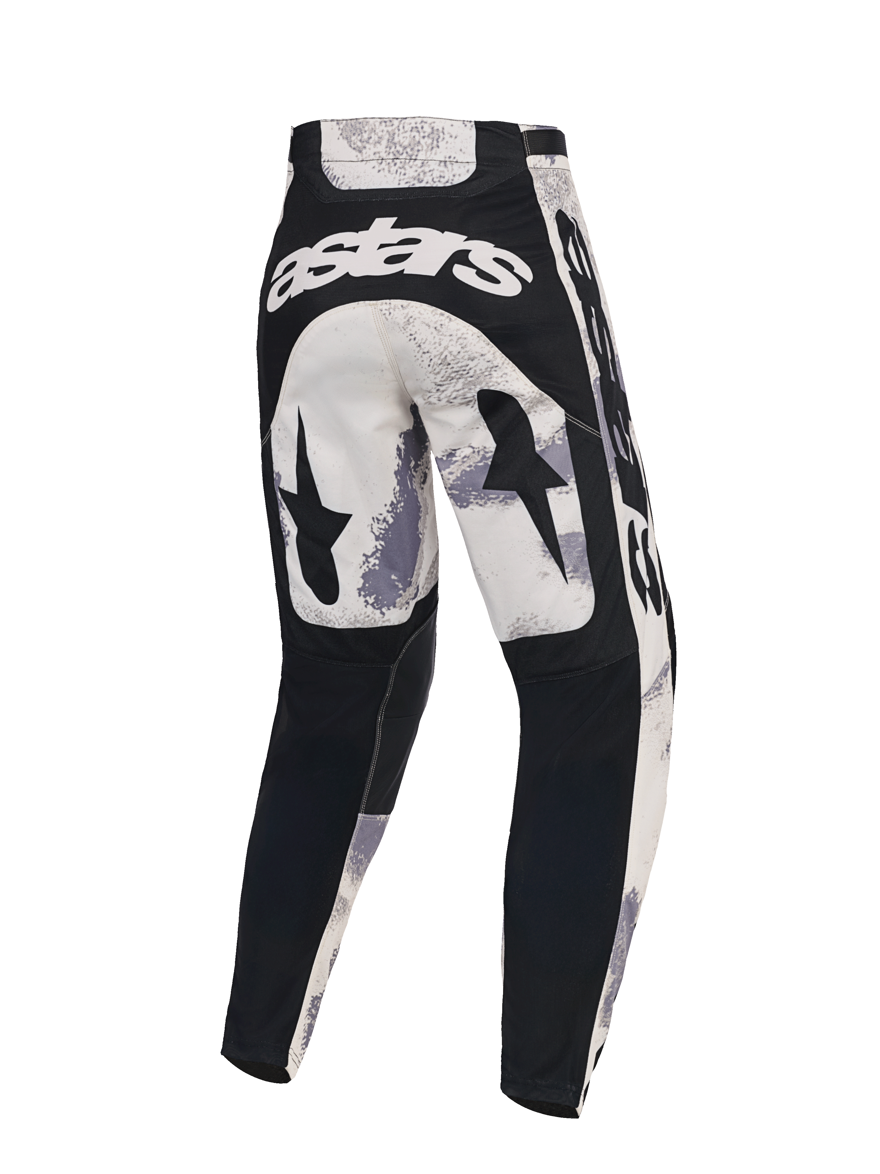 Alpinestars 2026 Racer Lahnd Pants, calças de motocross, Sand Camo e cinzento, vista traseira com a marca astars branca na parte de trás, gráficos de estrela pretos nas coxas e painéis pretos na parte inferior das pernas, design ergonómico para corridas off-road