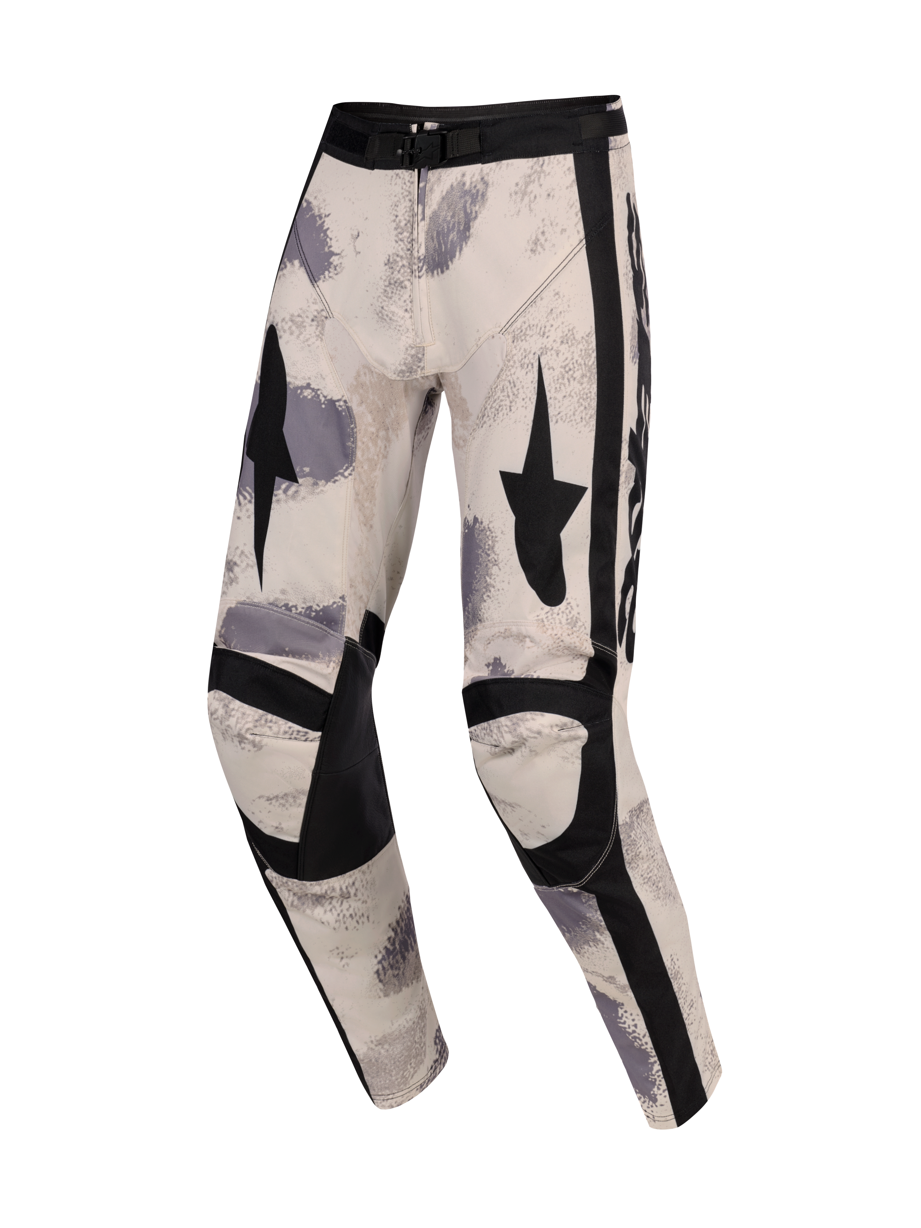 Alpinestars 2026 Racer Lahnd Pants, calças de motocross, Sand Camo, com base off-white e padrões de pinceladas cinzentas e pretas, gráficos de estrelas pretas nas coxas, painéis de joelho pretos reforçados e fivela de cintura ajustável, design ergonómico de competição off-road