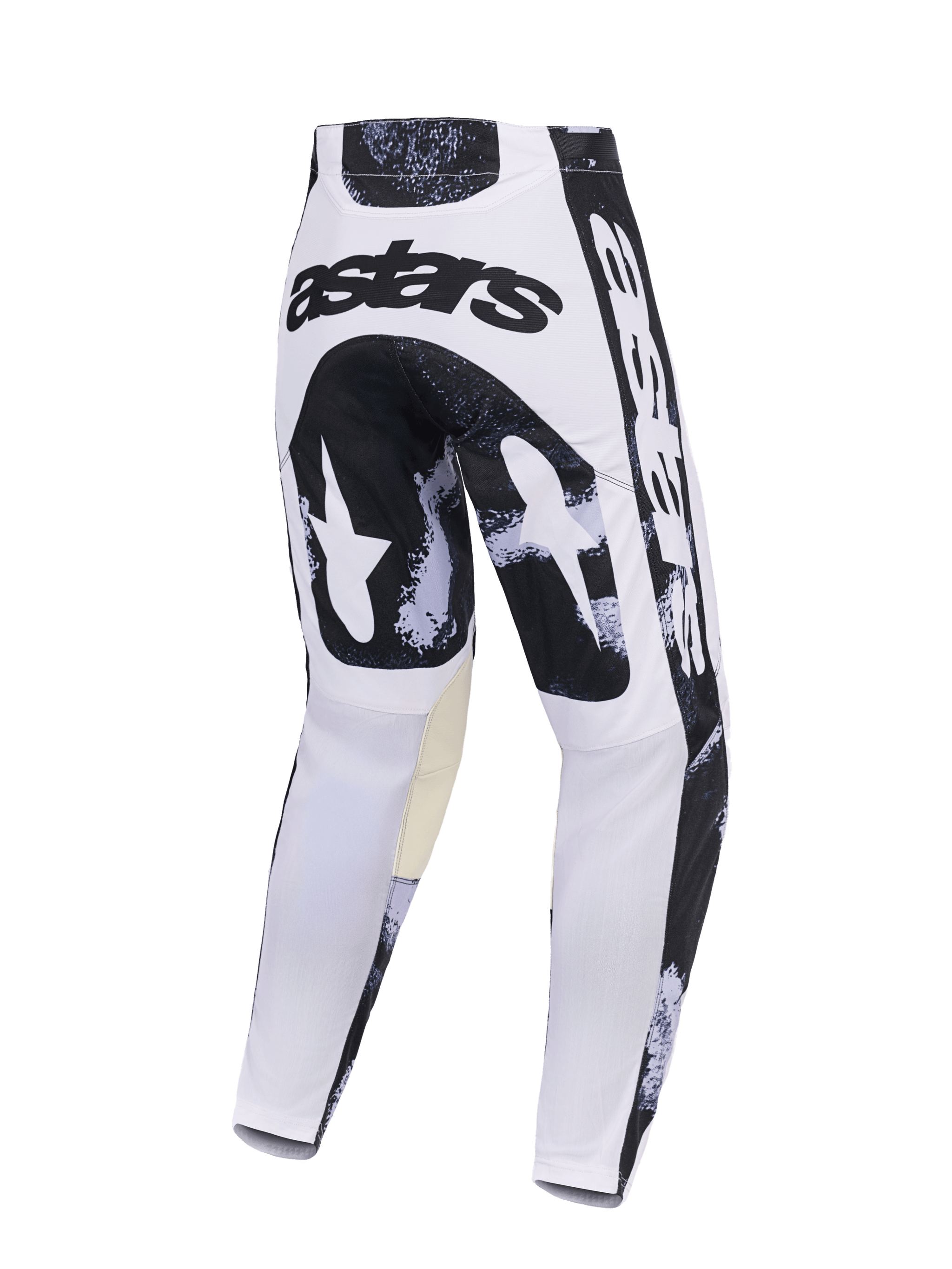 Alpinestars 2026 Racer Lahnd Pants, calças de motocross, Iron Camo, vista traseira com design camuflado em preto e branco, logótipo 'astars' no assento, painéis internos dos joelhos bege, construção em polifabric durável para corridas todo-o-terreno