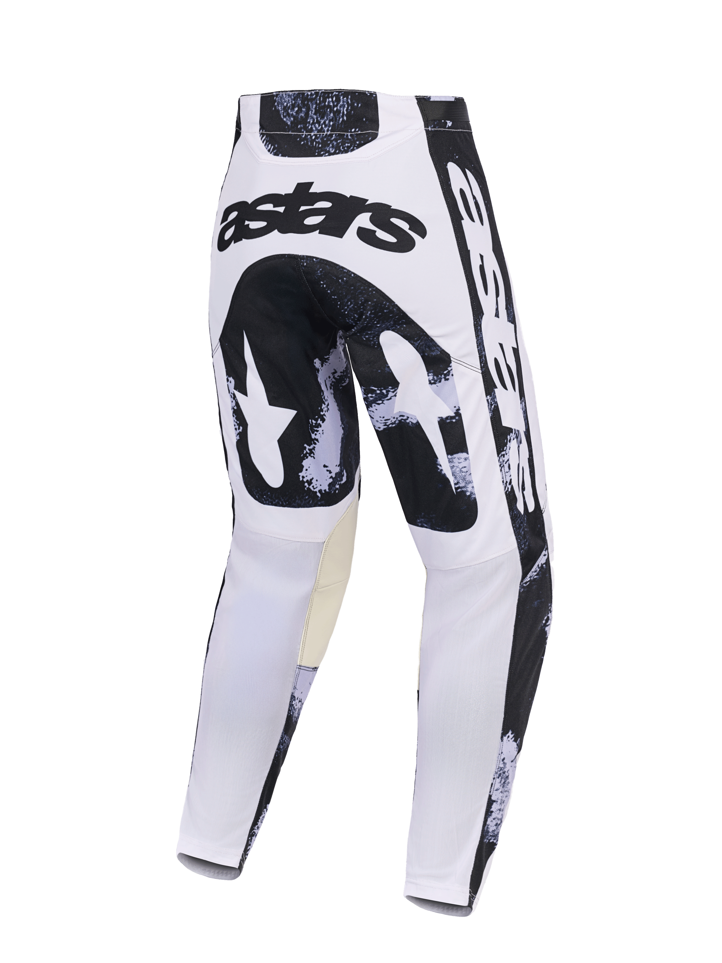 Alpinestars 2026 Racer Lahnd Pants, calças de motocross, Iron Camo, vista traseira com design camuflado em preto e branco, logótipo 'astars' no assento, painéis internos dos joelhos bege, construção em polifabric durável para corridas todo-o-terreno