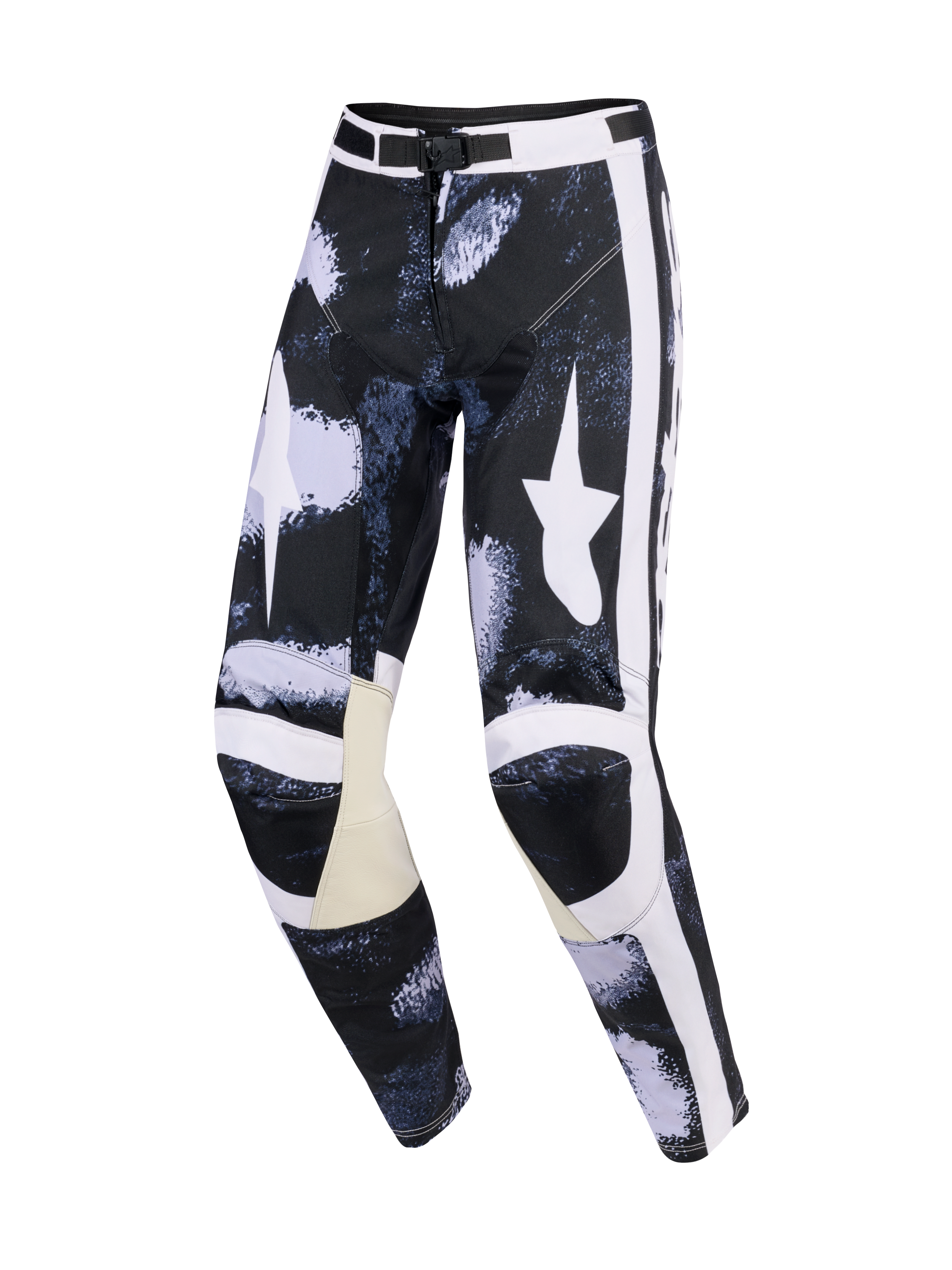Alpinestars 2026 Racer Lahnd Pants, calças de motocross, cinzento Iron Camo e preto, com grandes logótipos de estrela brancos nas coxas, riscas laterais brancas, painéis interiores dos joelhos em pele bege e corte de performance pré-curvado.