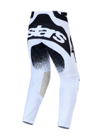 Alpinestars Techstar Swan, calças de motocross para homem, brancas e pretas, vista traseira com logótipo no assento, construção em tecido elástico e reforços em couro nos joelhos