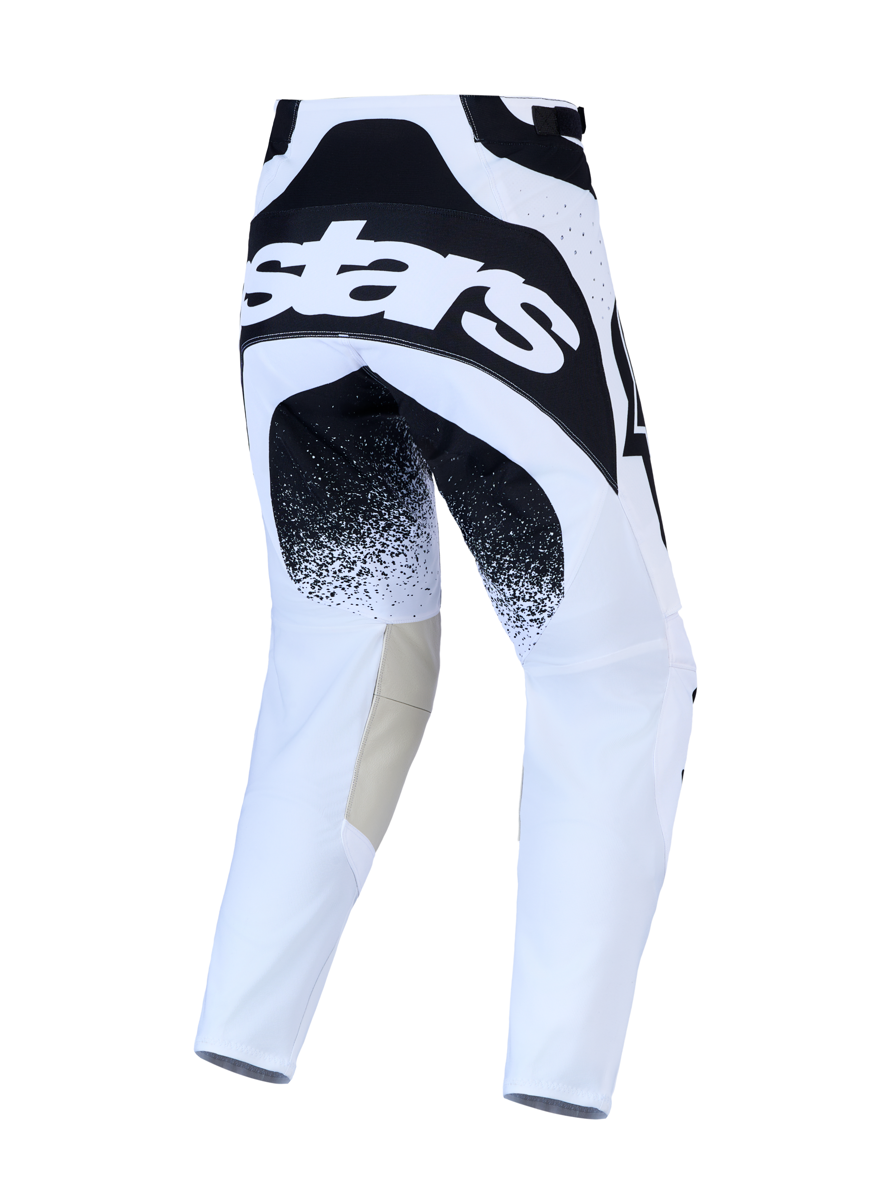 Alpinestars Techstar Swan, calças de motocross para homem, brancas e pretas, vista traseira com logótipo no assento, construção em tecido elástico e reforços em couro nos joelhos