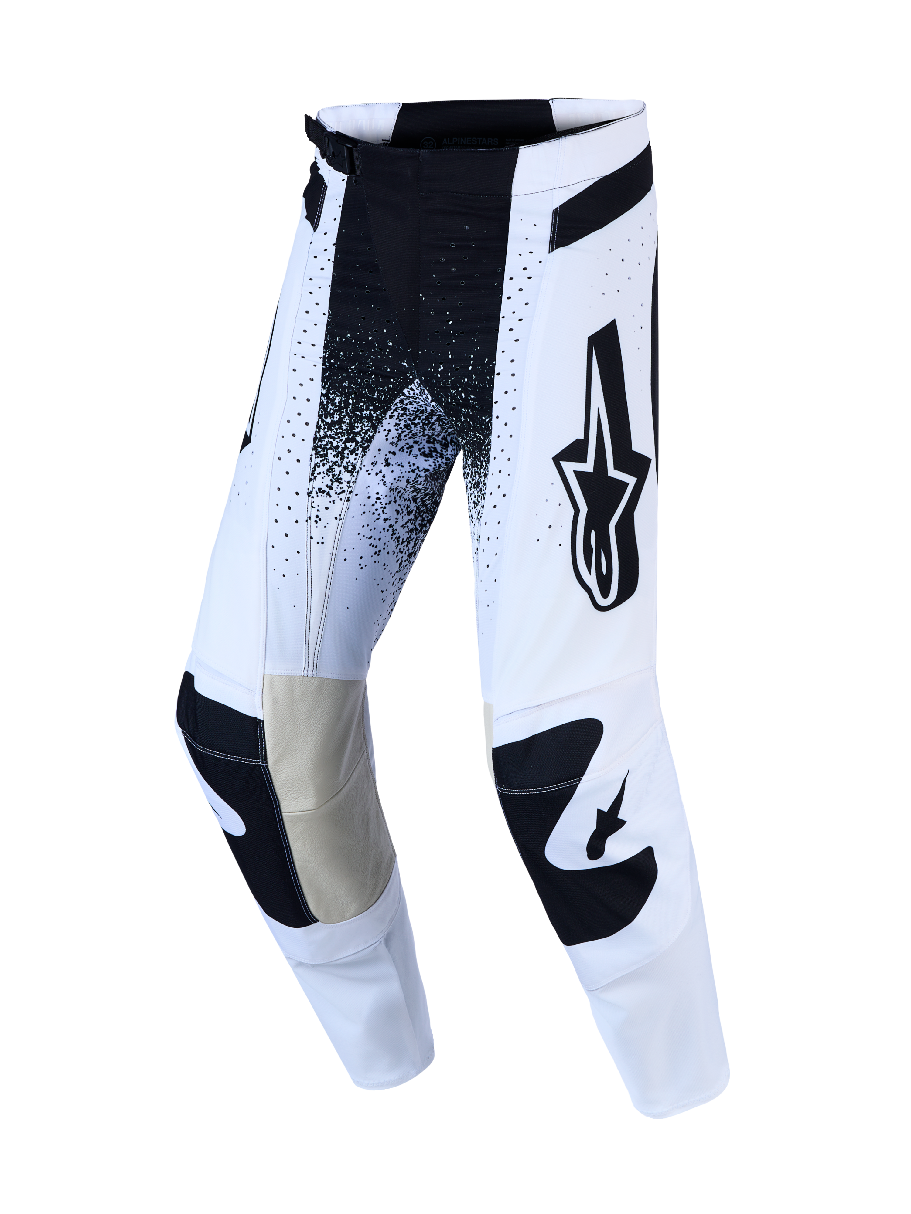 Alpinestars Calças Techstar Swan AND Techstar Swan Gear Set, calças de motocross brancas e pretas com pele nos joelhos.