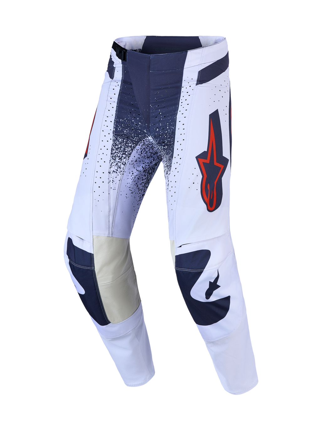 Alpinestars Calças Techstar Swan, calças de motocross para homem, lilás claro e cinzento escuro com detalhes em vermelho fluo, reforços internos em couro nos joelhos, equipamento técnico de off-road