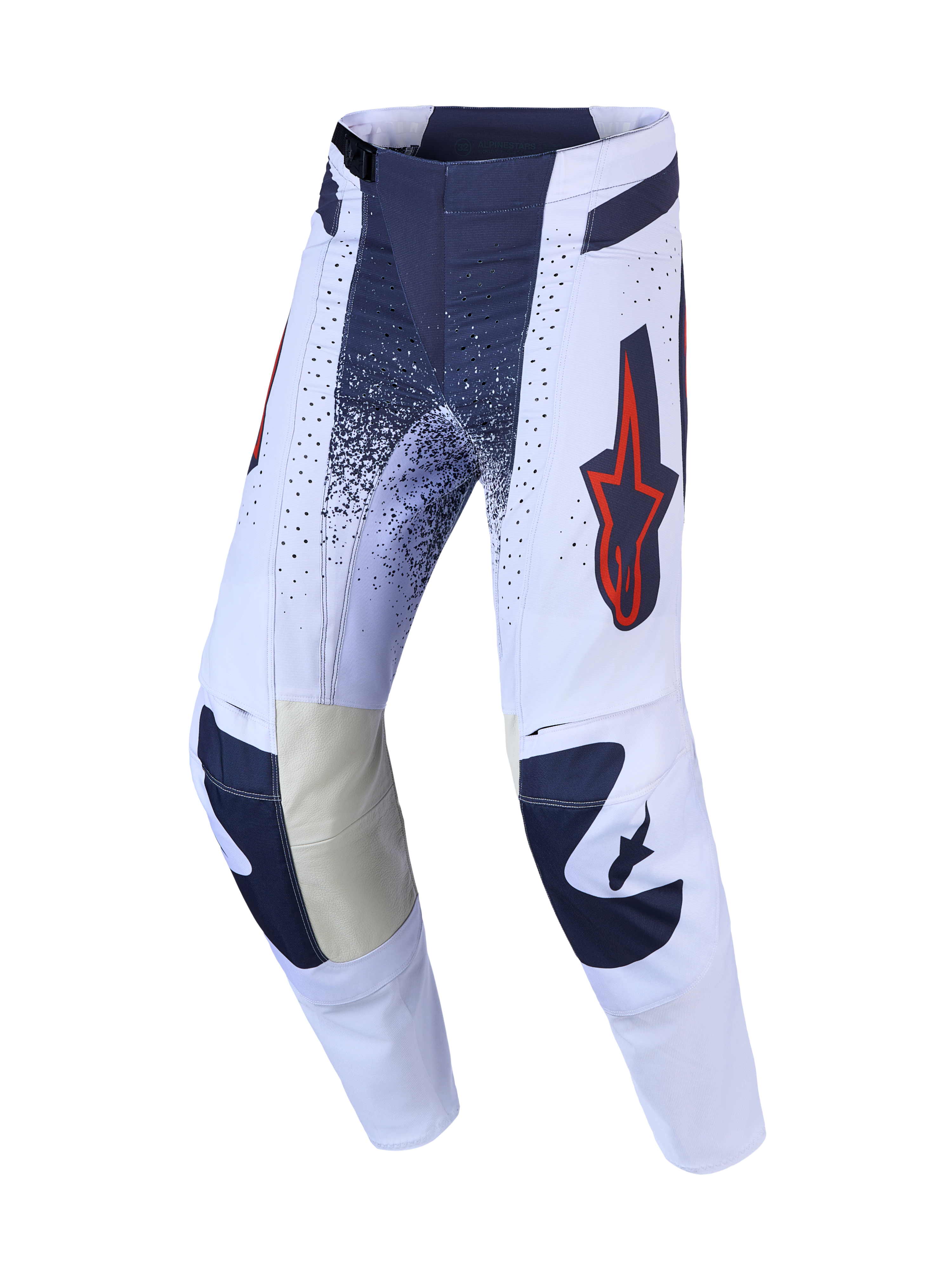 Alpinestars Calças Techstar Swan, calças de motocross para homem, lilás claro e cinzento escuro com detalhes em vermelho fluo, reforços internos em couro nos joelhos, equipamento técnico de off-road