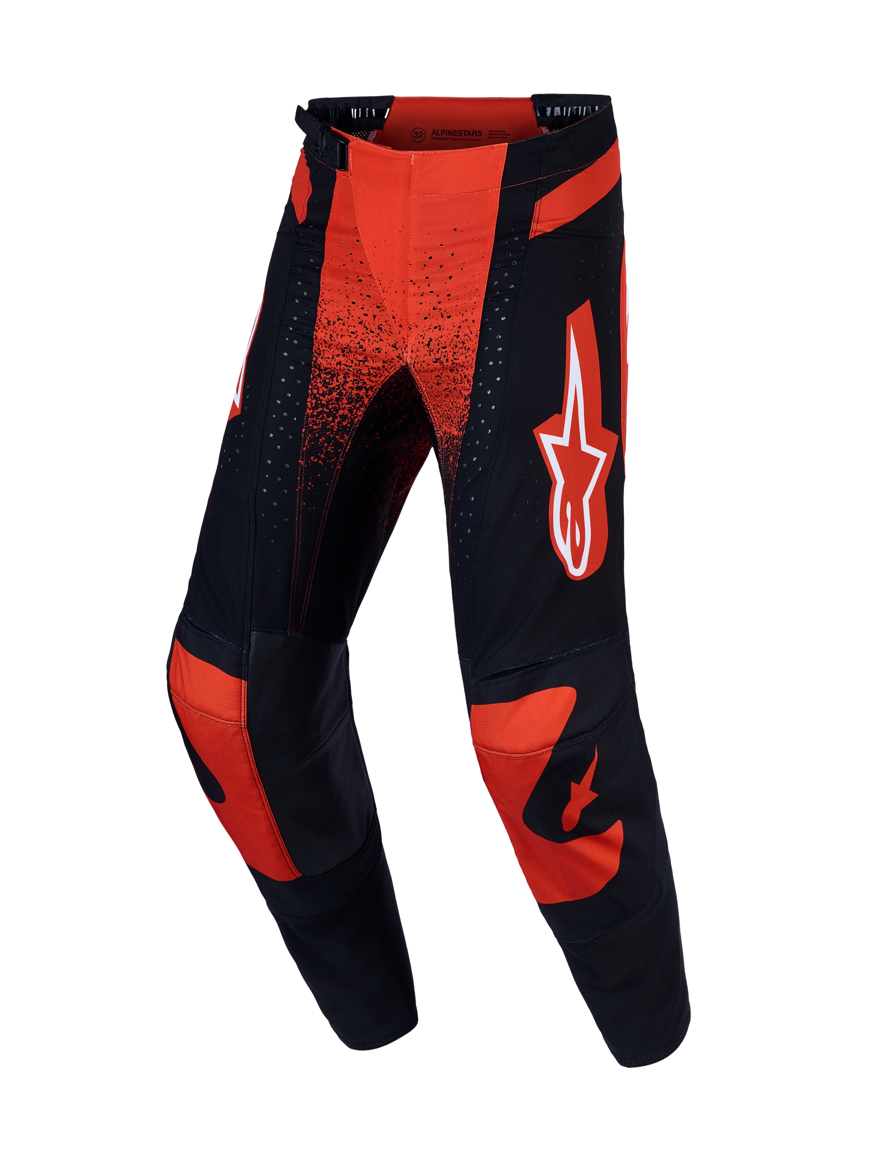 Alpinestars Techstar Swan, calças de motocross para homem, vermelhas e pretas, com chassi elástico e joelhos em couro.