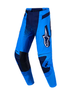 Calças Techstar Swan Alpinestars para motocross profissional, em azul e azul-escuro, com joelhos reforçados em couro.