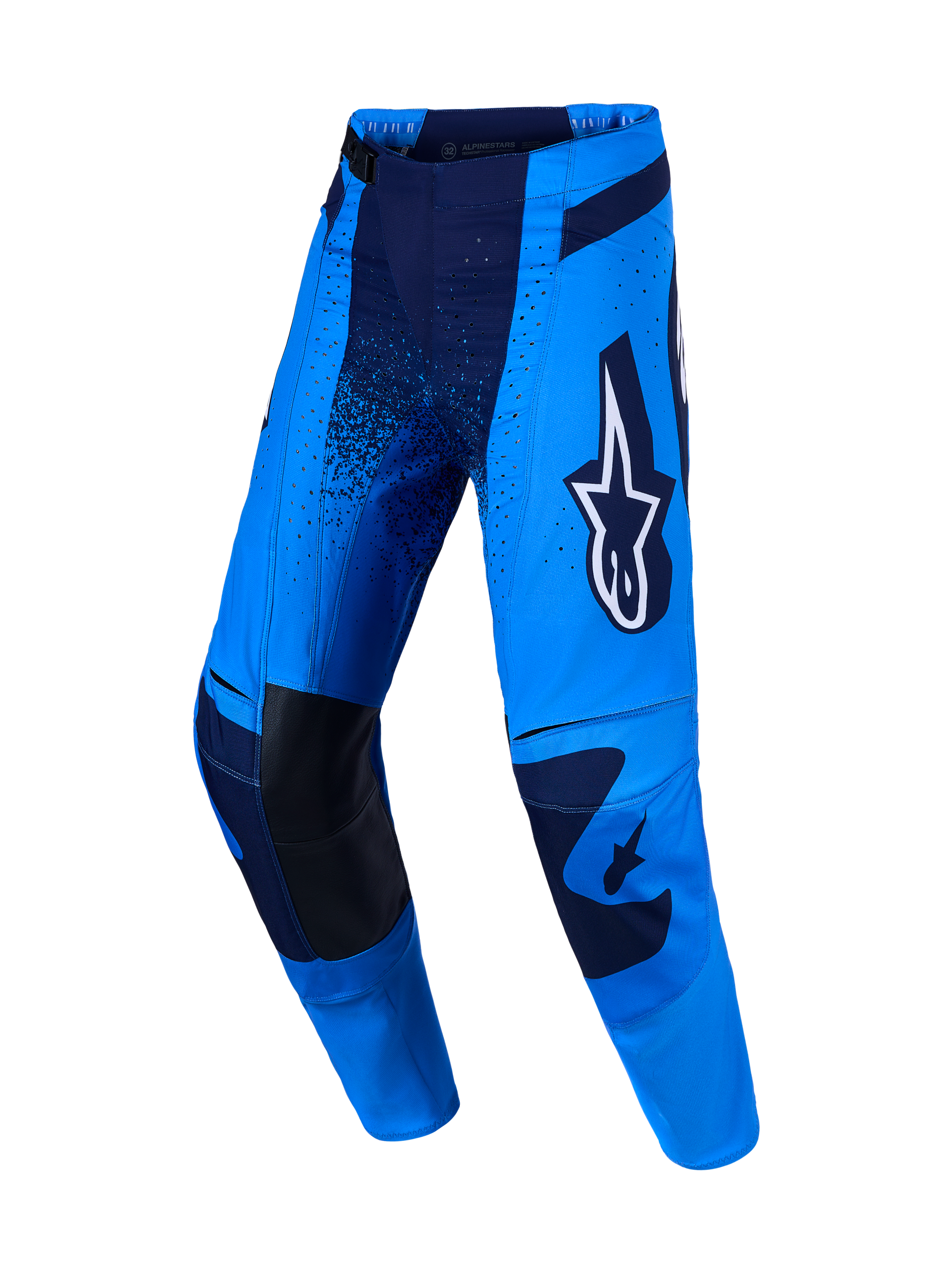 Calças Techstar Swan Alpinestars para motocross profissional, em azul e azul-escuro, com joelhos reforçados em couro.